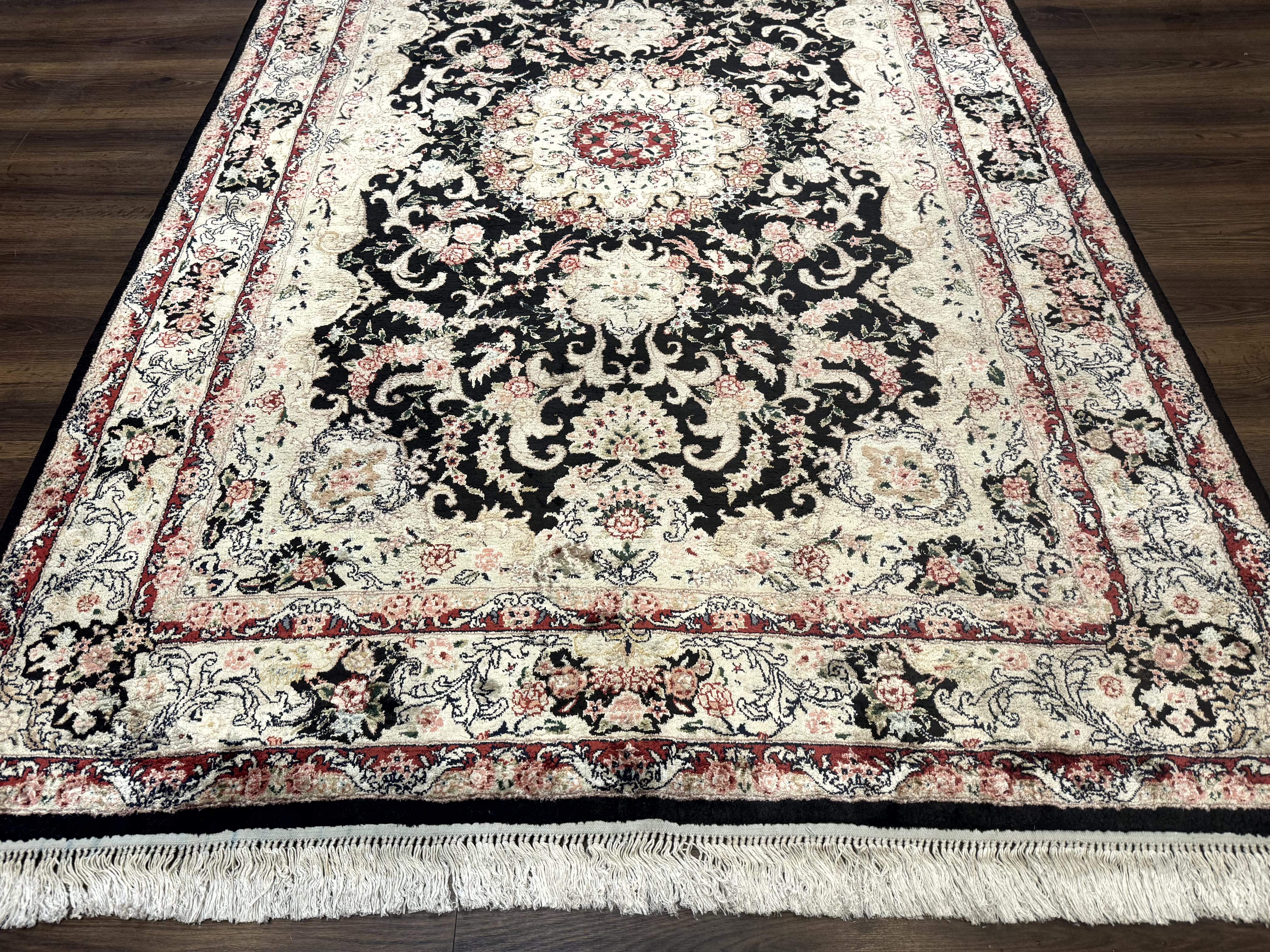 Indian Kashmiri Silk Rug, Floral Medallion, Vintage Hand Knotted Carpet - Jewel Rugs