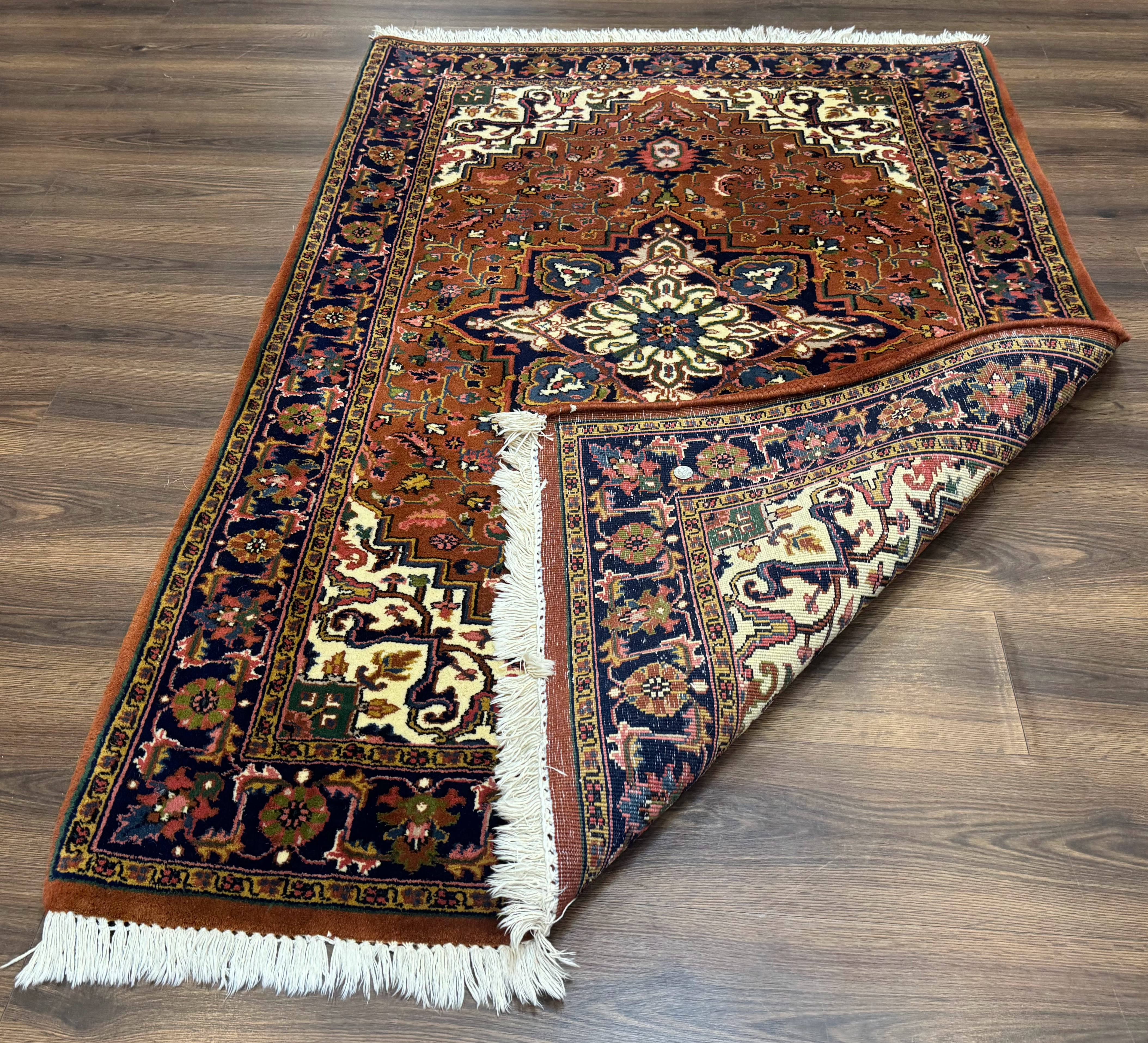 Indo Persian Heriz Rug 4x6, Rust Red Navy Blue and Cream - Jewel Rugs
