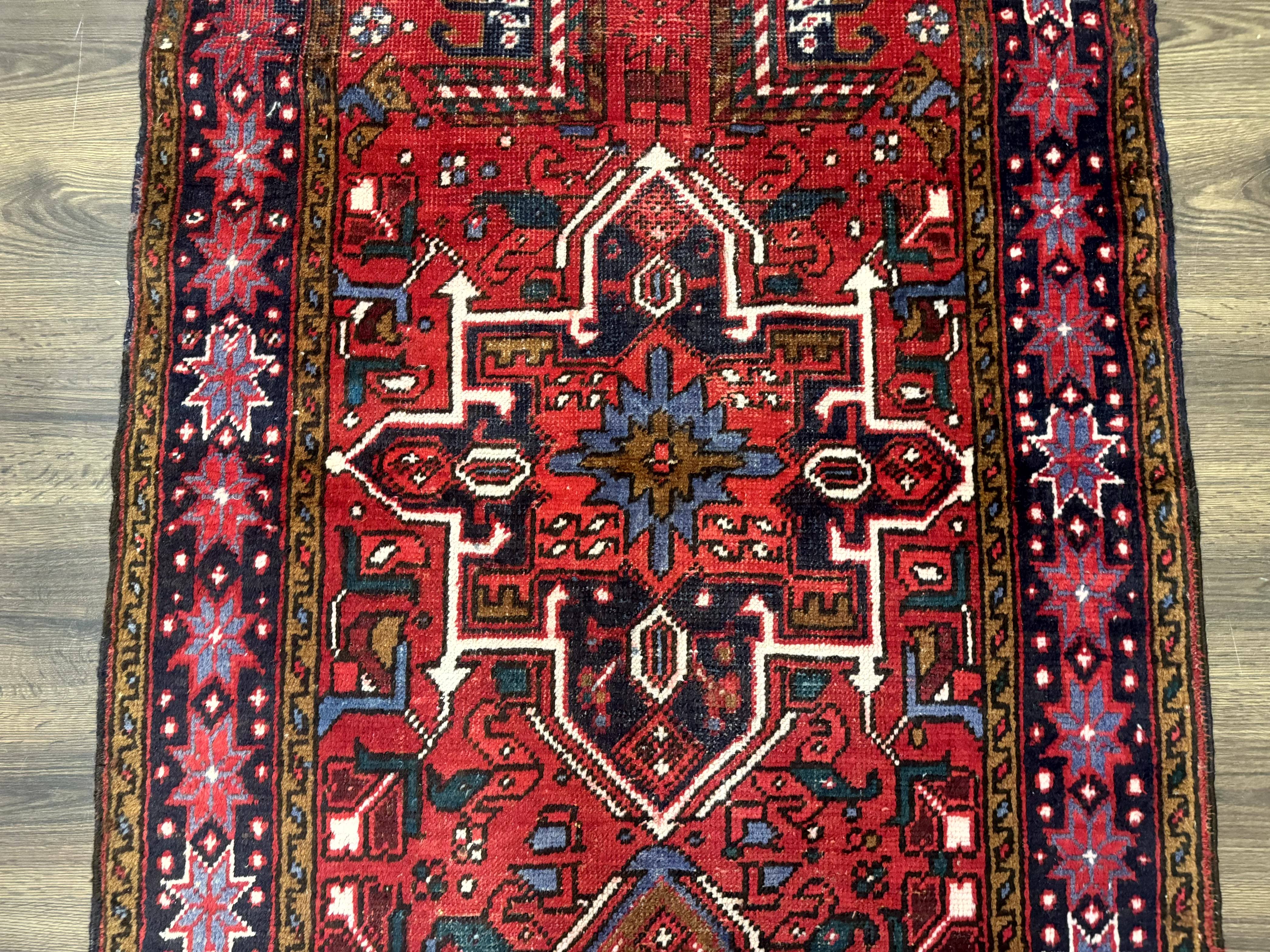Persian Heriz Karajeh Runner Rug 3.7 x 12, Geometric Medallions, Red and Navy Blue - Jewel Rugs