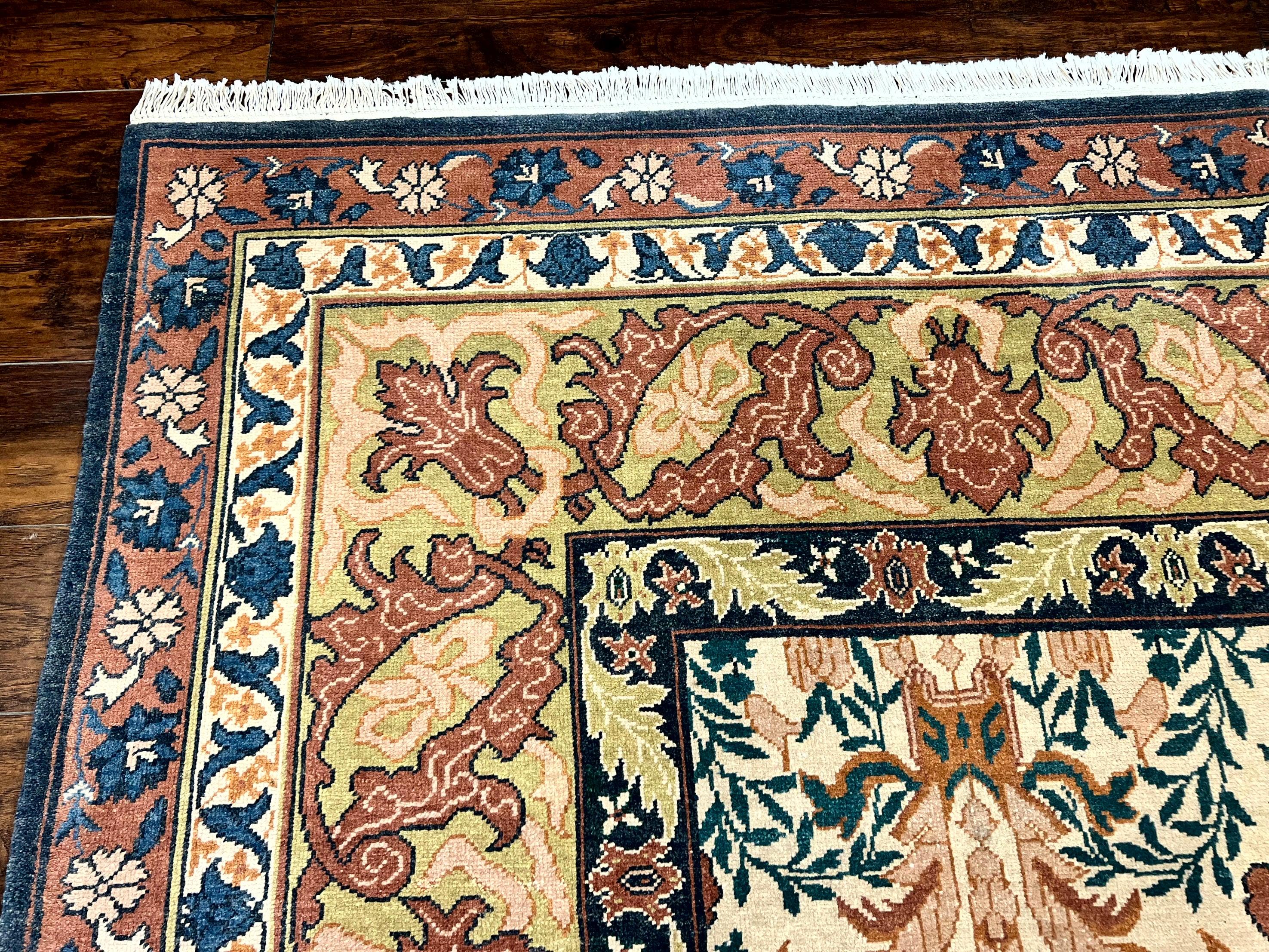 10x13 Wool Rug, Floral Pattern, Birds, Handmade Vintage Carpet, Couristan Rug, Beige - Jewel Rugs