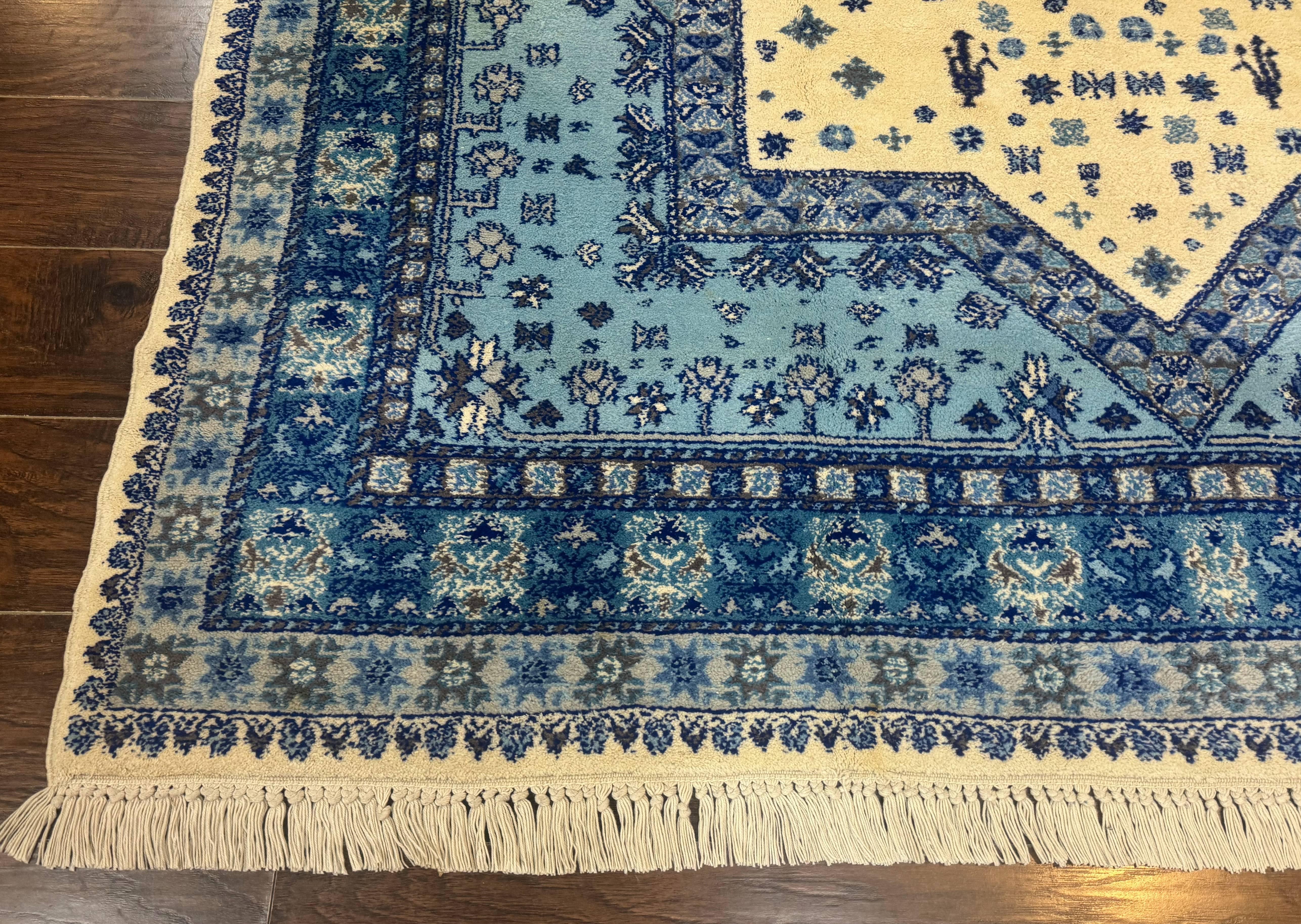 Moroccan Rug 7x10, Geometric Medallion, Blue and Ivory - Jewel Rugs