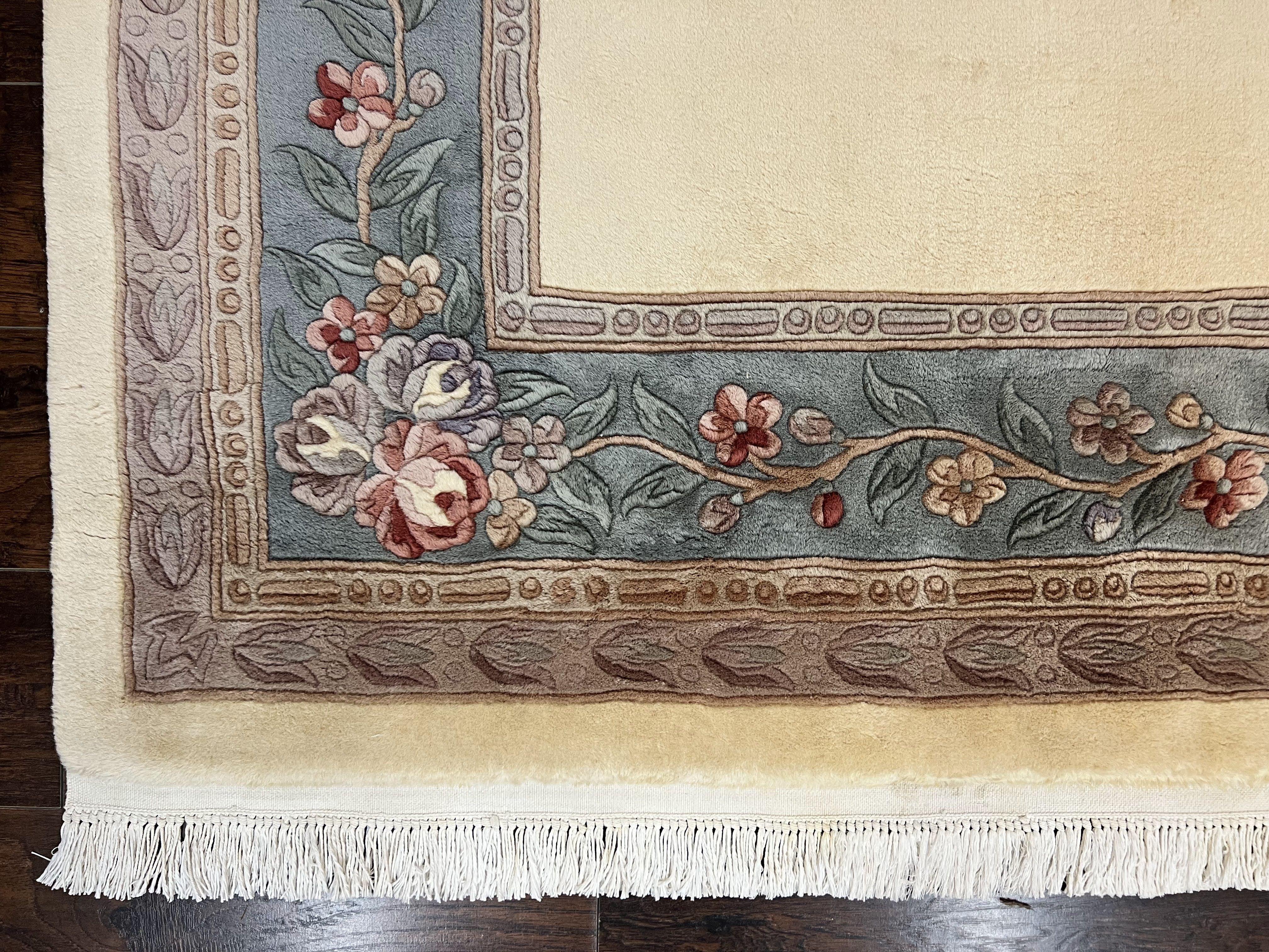 Chinese Carving Rug 8x10, Chinese Wool Carpet 8 x 10, Cream, 120 Line Rug, Vintage Handmade Art Deco Asian Oriental Rug, Aubusson Rug - Jewel Rugs