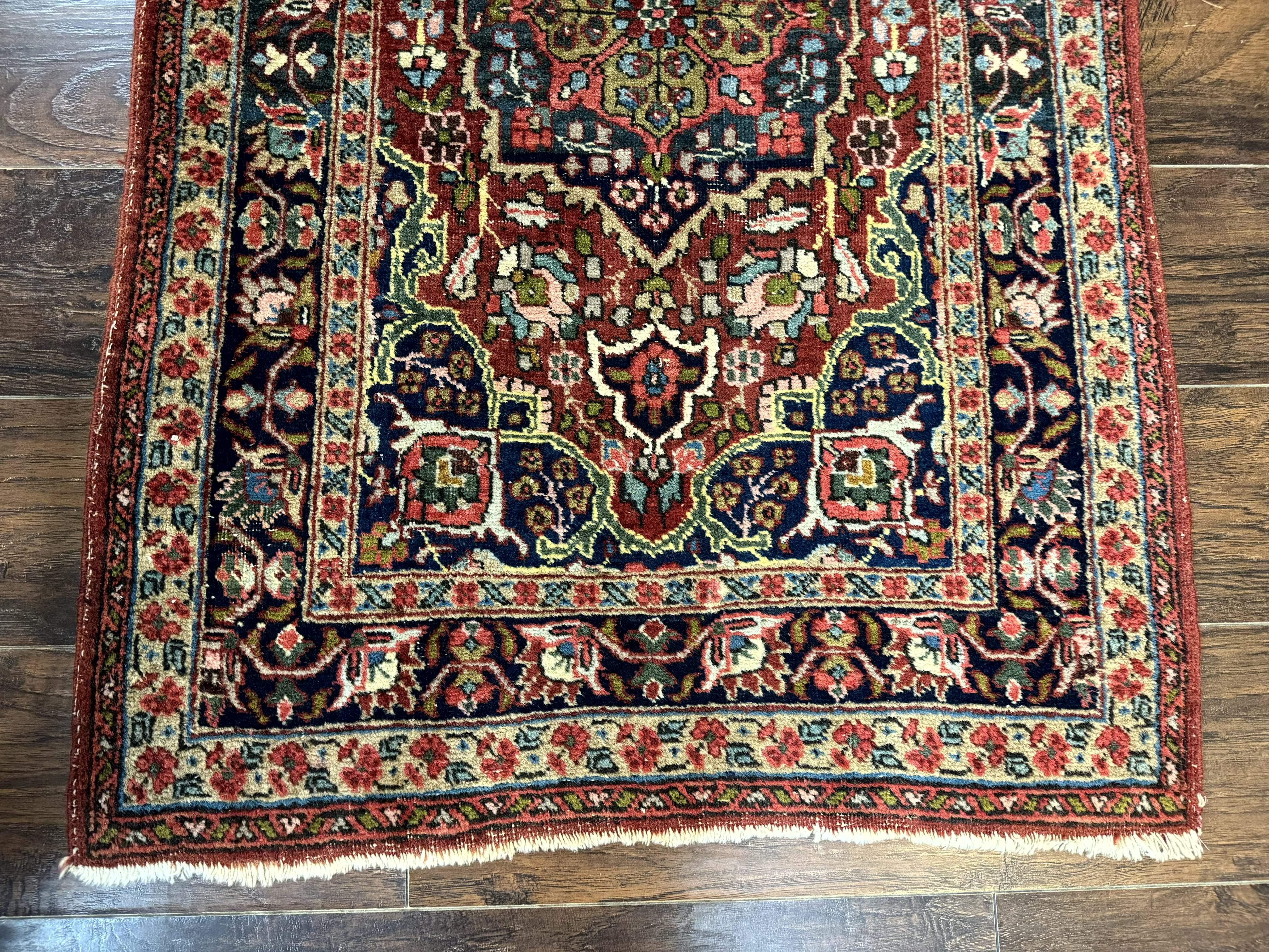 Antique Persian Tabriz Rug 3x5, Brick Red Navy Blue, Floral Medallion, Small Persian Carpet - Jewel Rugs
