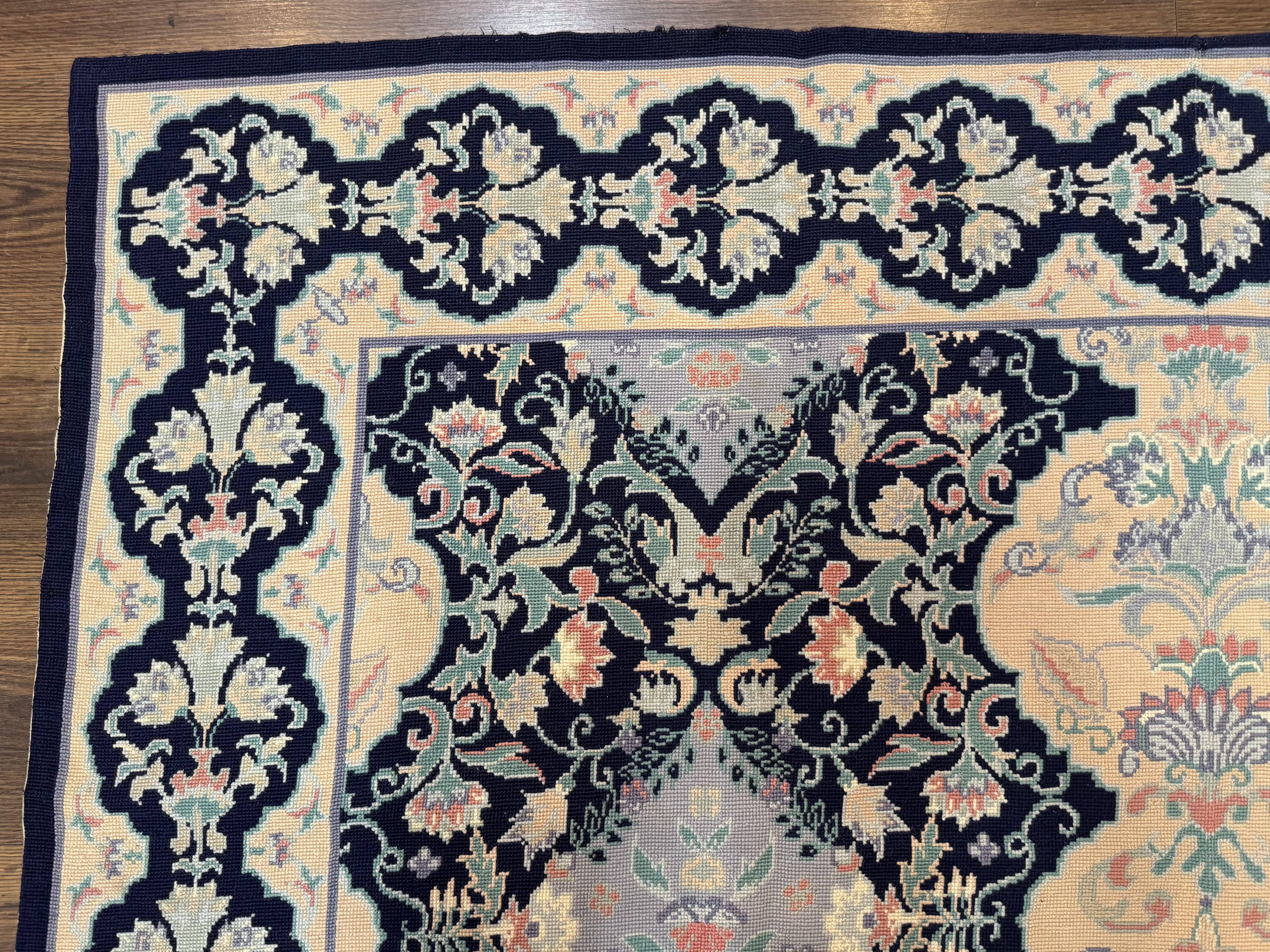 Needlepoint Rug 6x9, Ivory and Navy Blue - Jewel Rugs