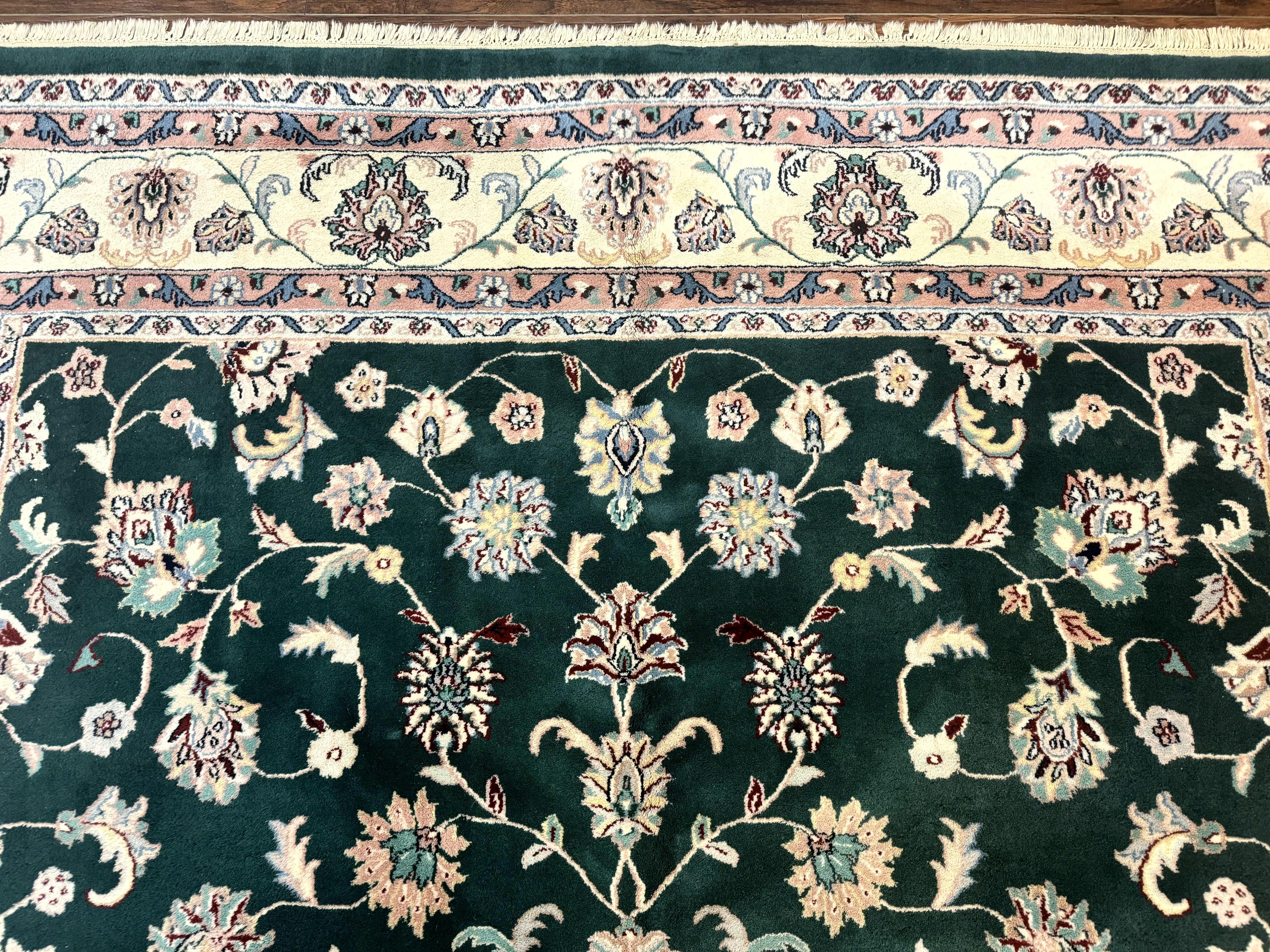 Indo Persian Rug 8x10, Dark Green and Ivory, Floral, Handmade Vintage Wool Carpet - Jewel Rugs
