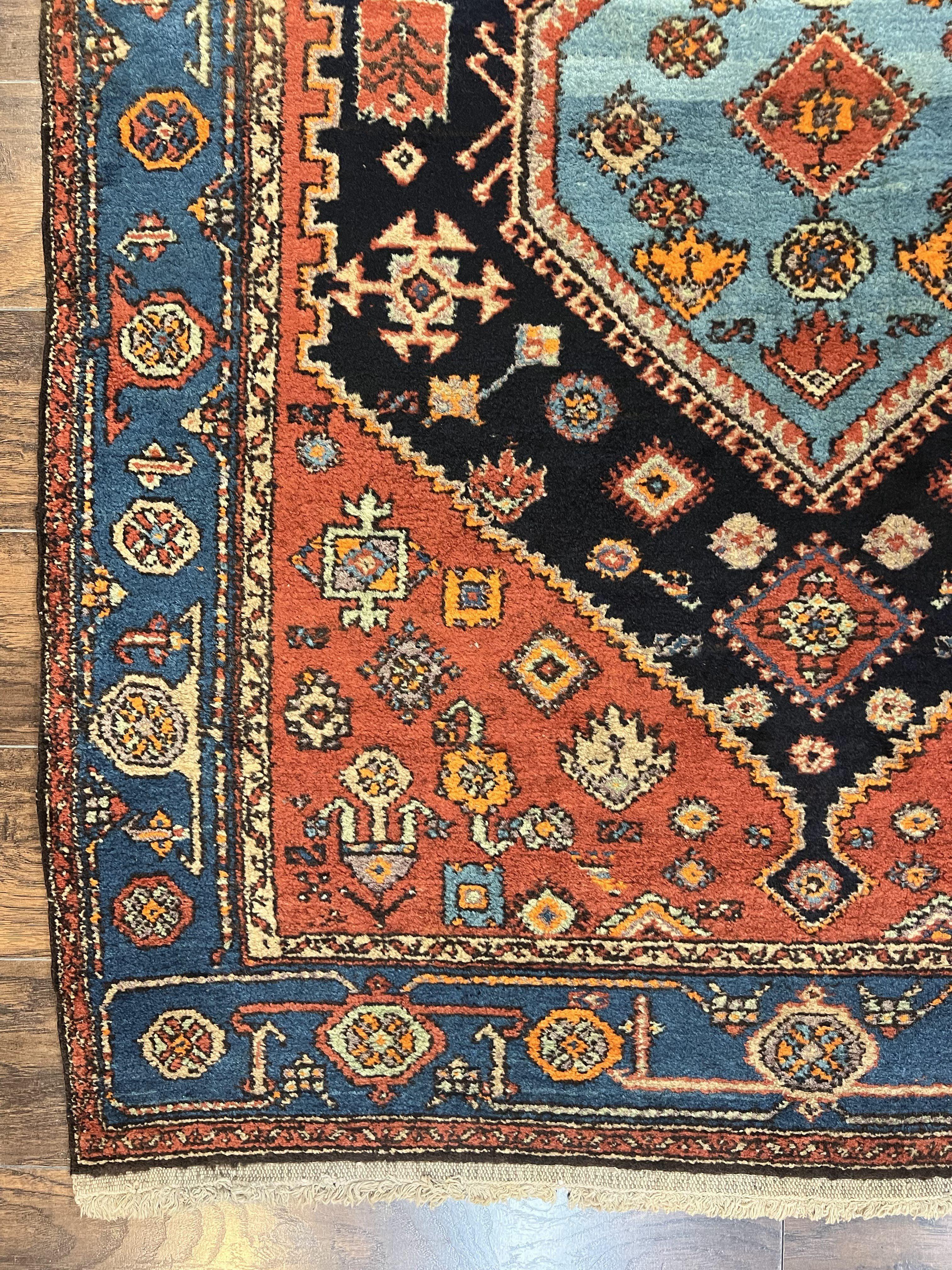 Antique Persian Hamadan Rug 4x6, Red Blue, Hand Knotted Carpet, Geometric, Tribal Rug, Wool Rug 4 x 6 - Jewel Rugs