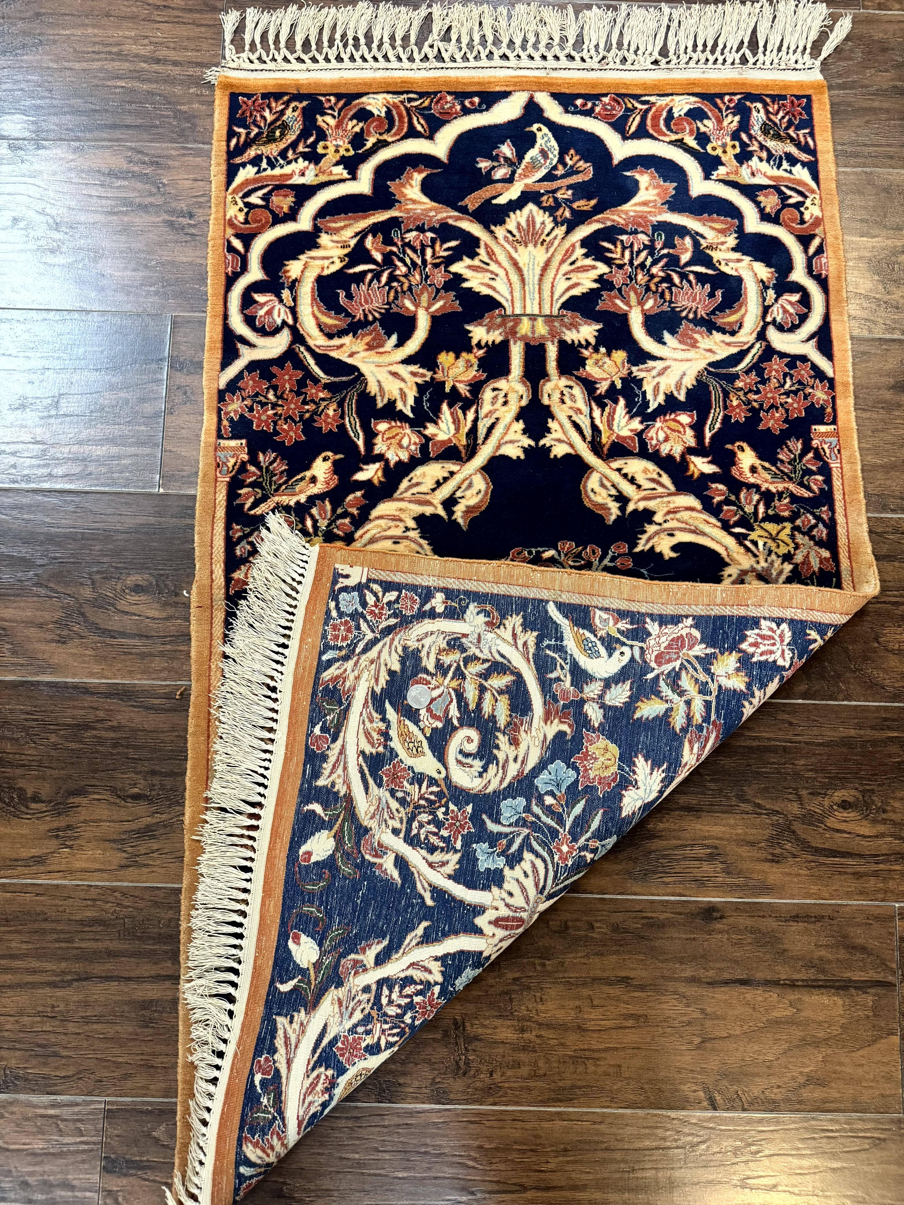 Persian Isfahan Rug 2x4, Birds, Navy Blue, Kork Wool on Silk Foundation, 460 KPSI - Jewel Rugs