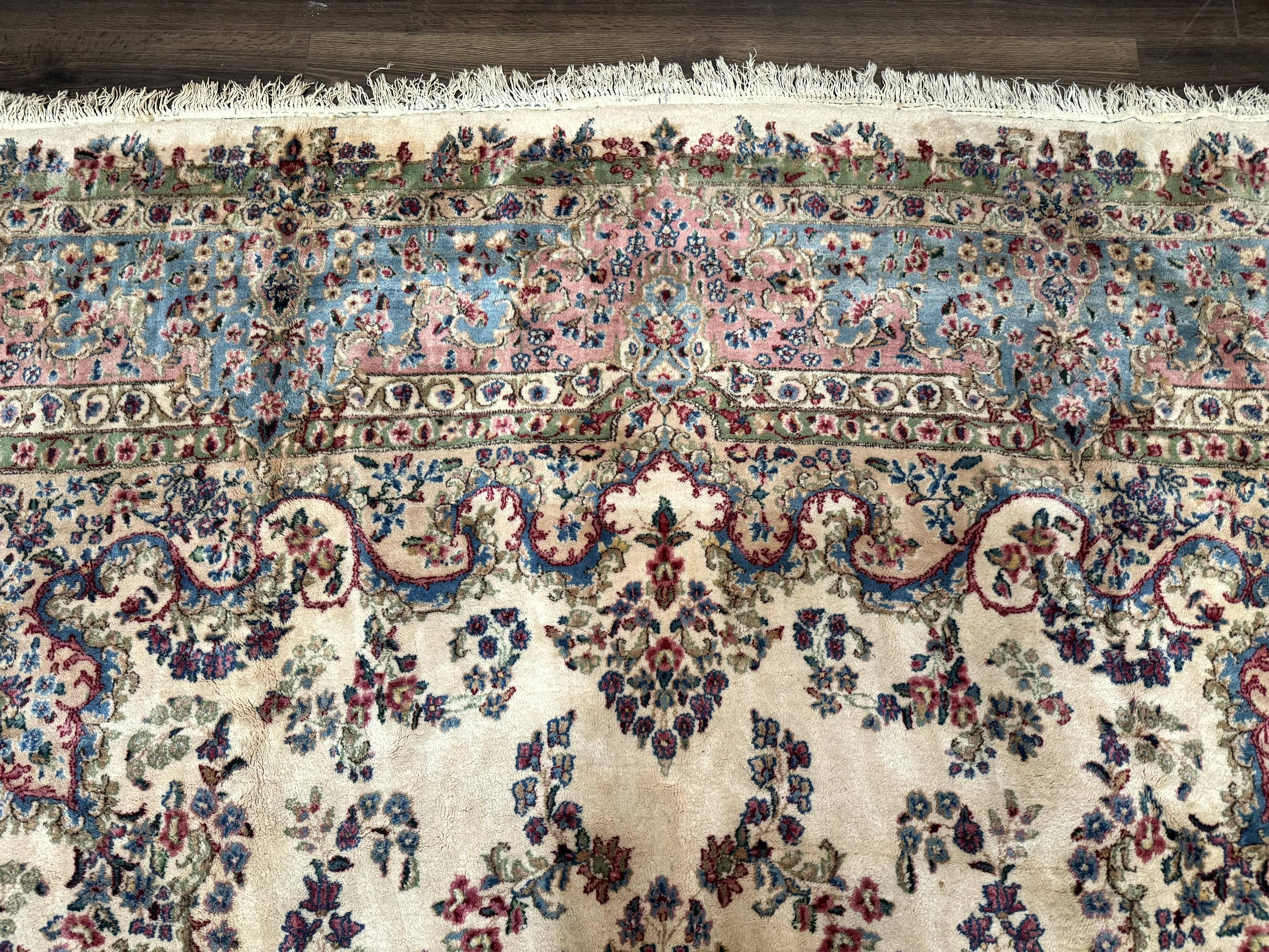 Palace Size Persian Kerman Rug 11x20 ft, Very Fine 340 KPSI, Vintage Oversized Wool Handmade Large Persian Carpet, Beige Light Blue Pink - Jewel Rugs