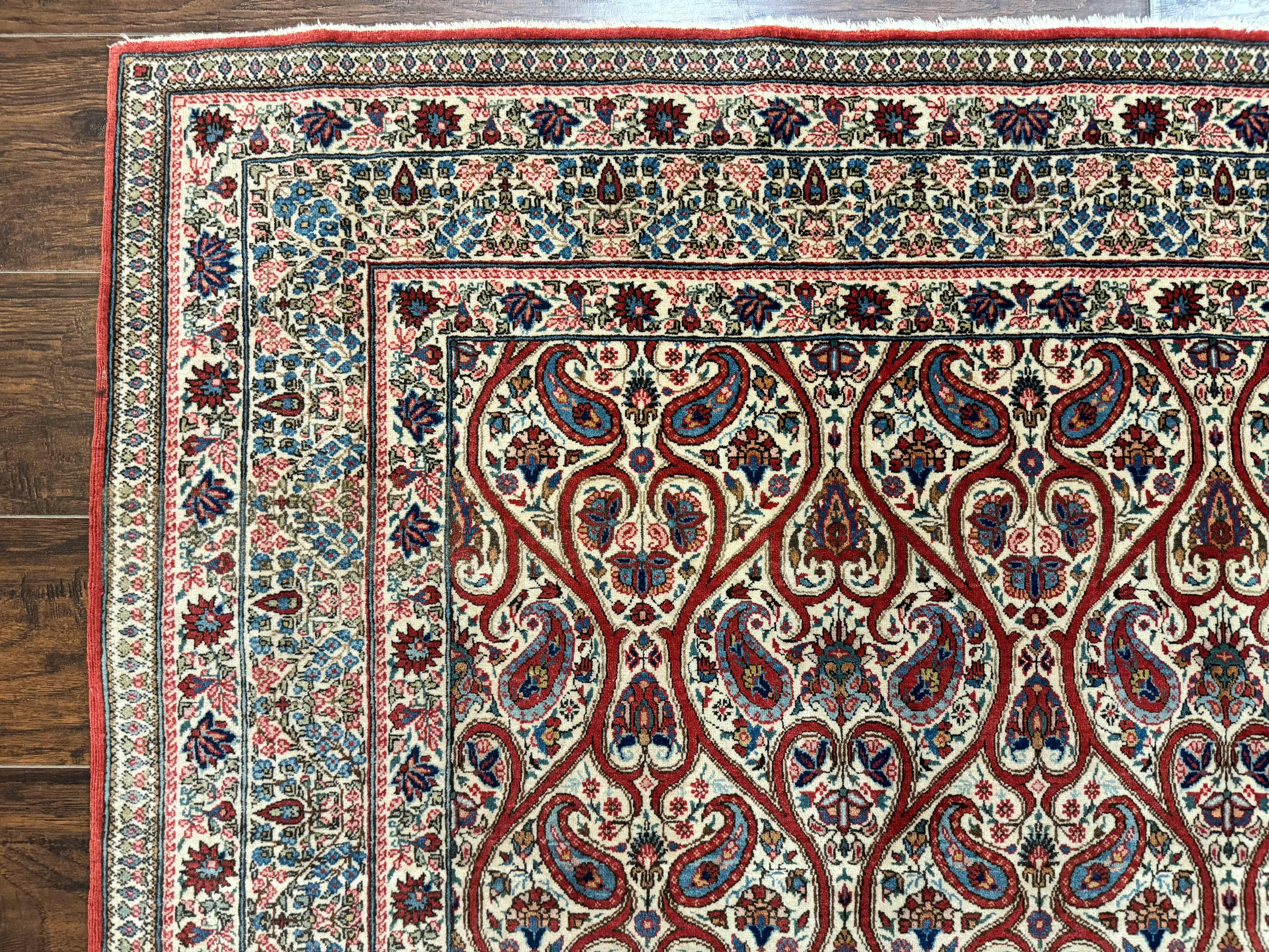 Unique Persian Qum Rug 5x7, Repeated Paisely Boteh Design, Ivory Red Blue, Handmade Antique Wool Persian Carpet, Finely Hand Knotted - Jewel Rugs