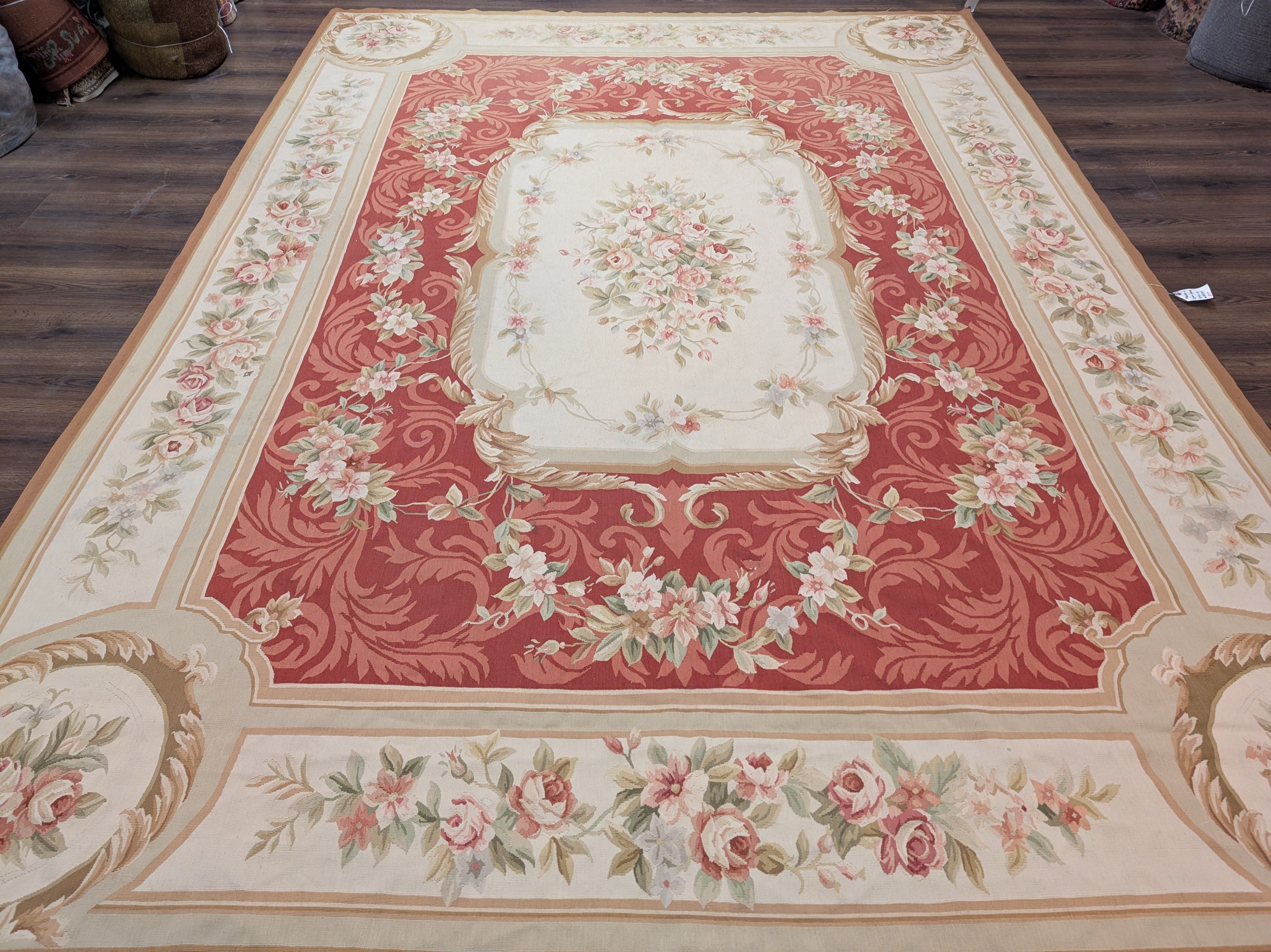 Aubusson Rug 9x12, Red and Ivory, Handwoven French European Floral Carpet - Jewel Rugs