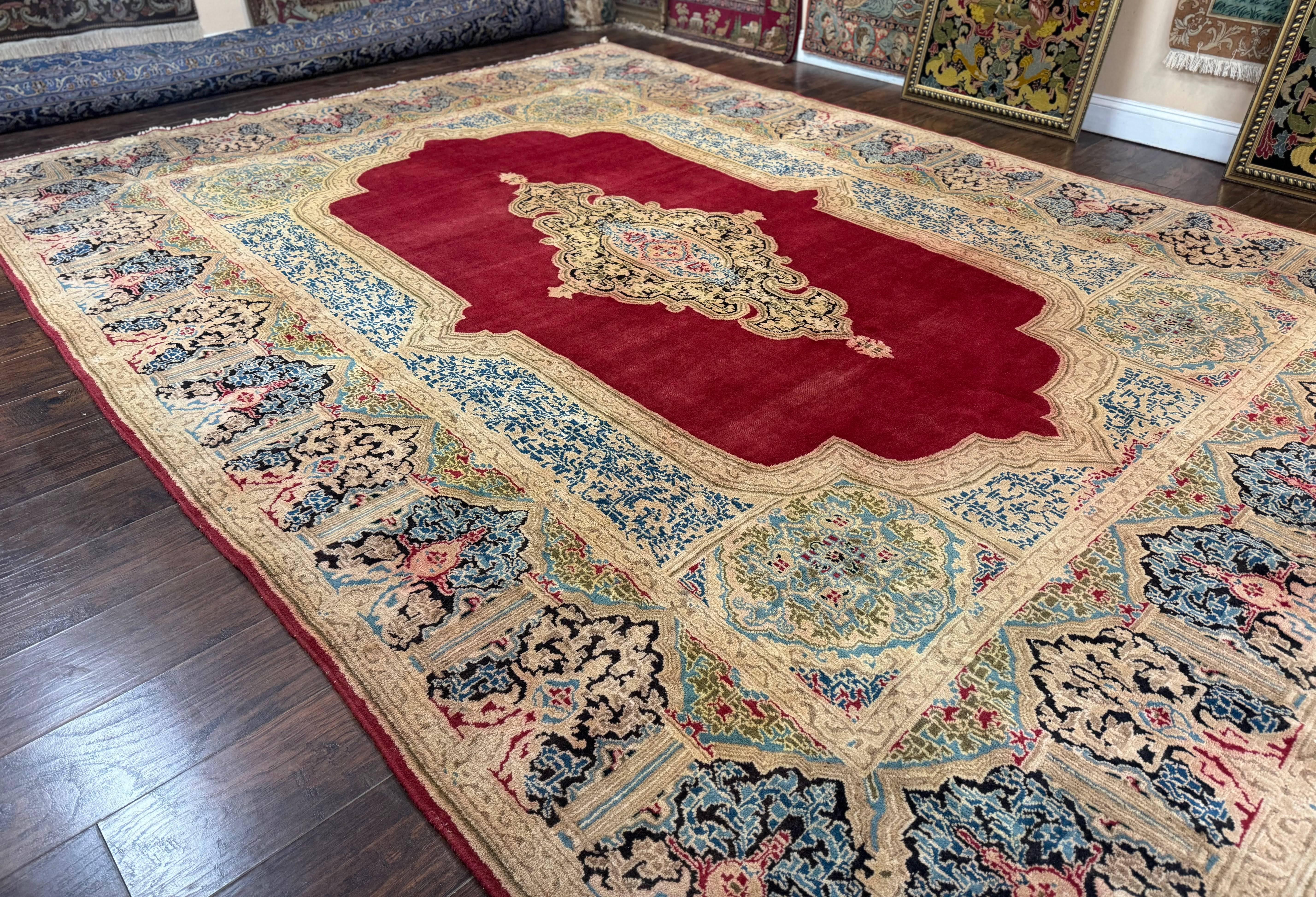 Large Persian Kerman Rug 10x13, Semi Open Field, Red Blue Tan, Handmade Persian Carpet, Antique - Jewel Rugs