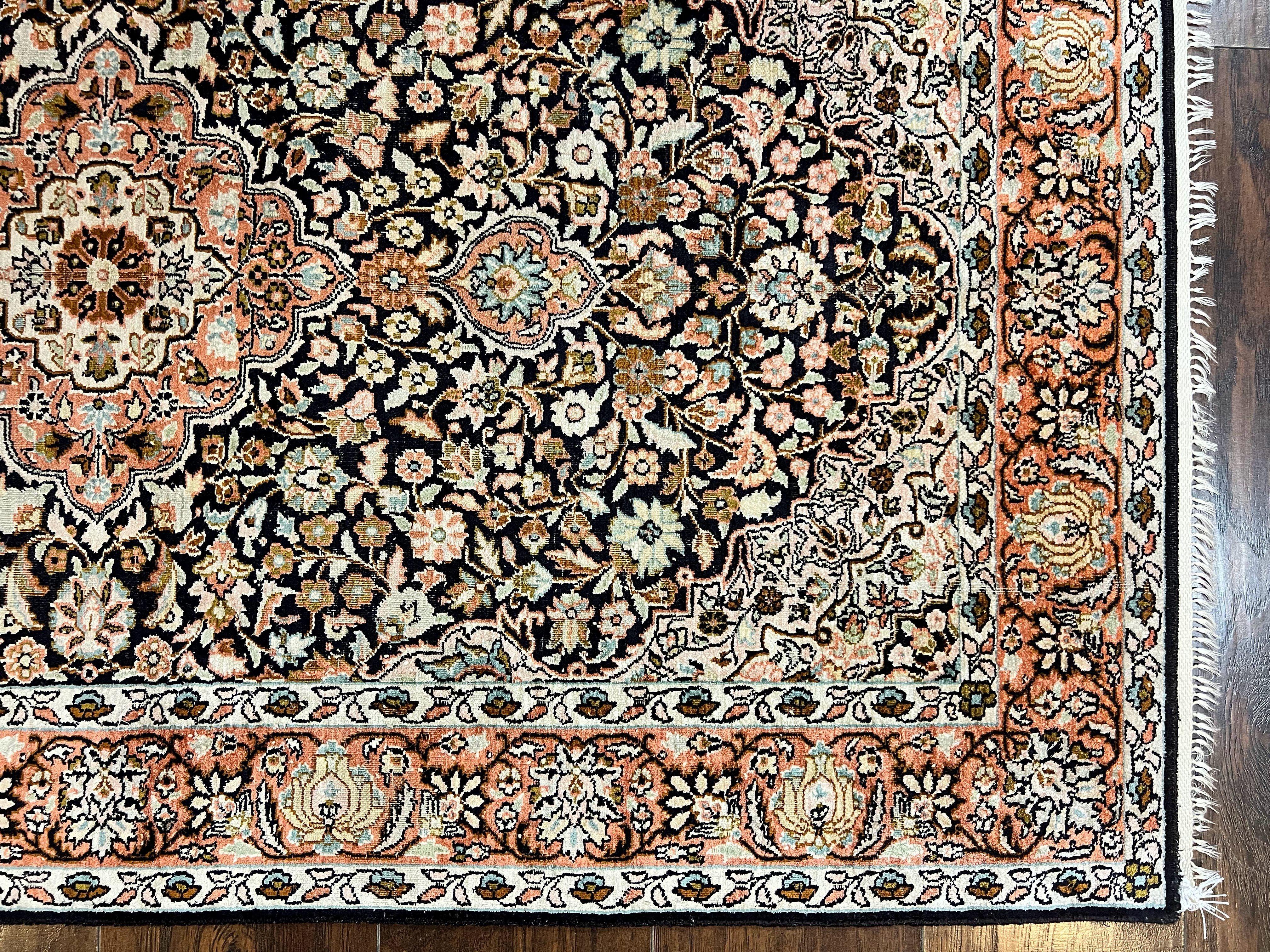 Silk Indian Kashmiri Rug 3x5, Indo Persian Silk on Silk Carpet, Very Fine 350 KPSI, Navy Blue, Handmade, Floral Medallion - Jewel Rugs