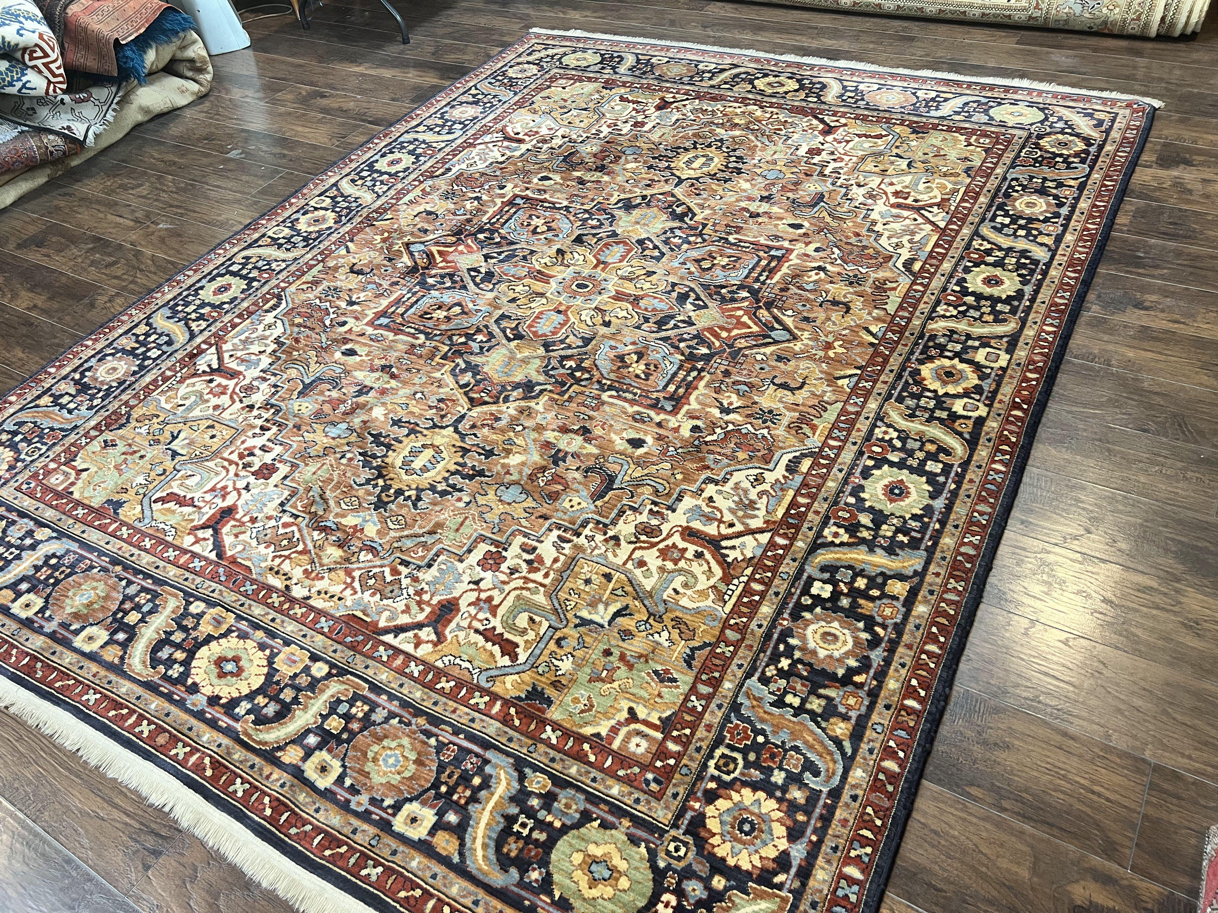 Karastan Rug 8 x 10.5, English Manor Windsor Heriz Karastan Carpet 8x10, Geometric Design, Wool Vintage Area Rug 8 x 10 ft, Red Navy - Jewel Rugs