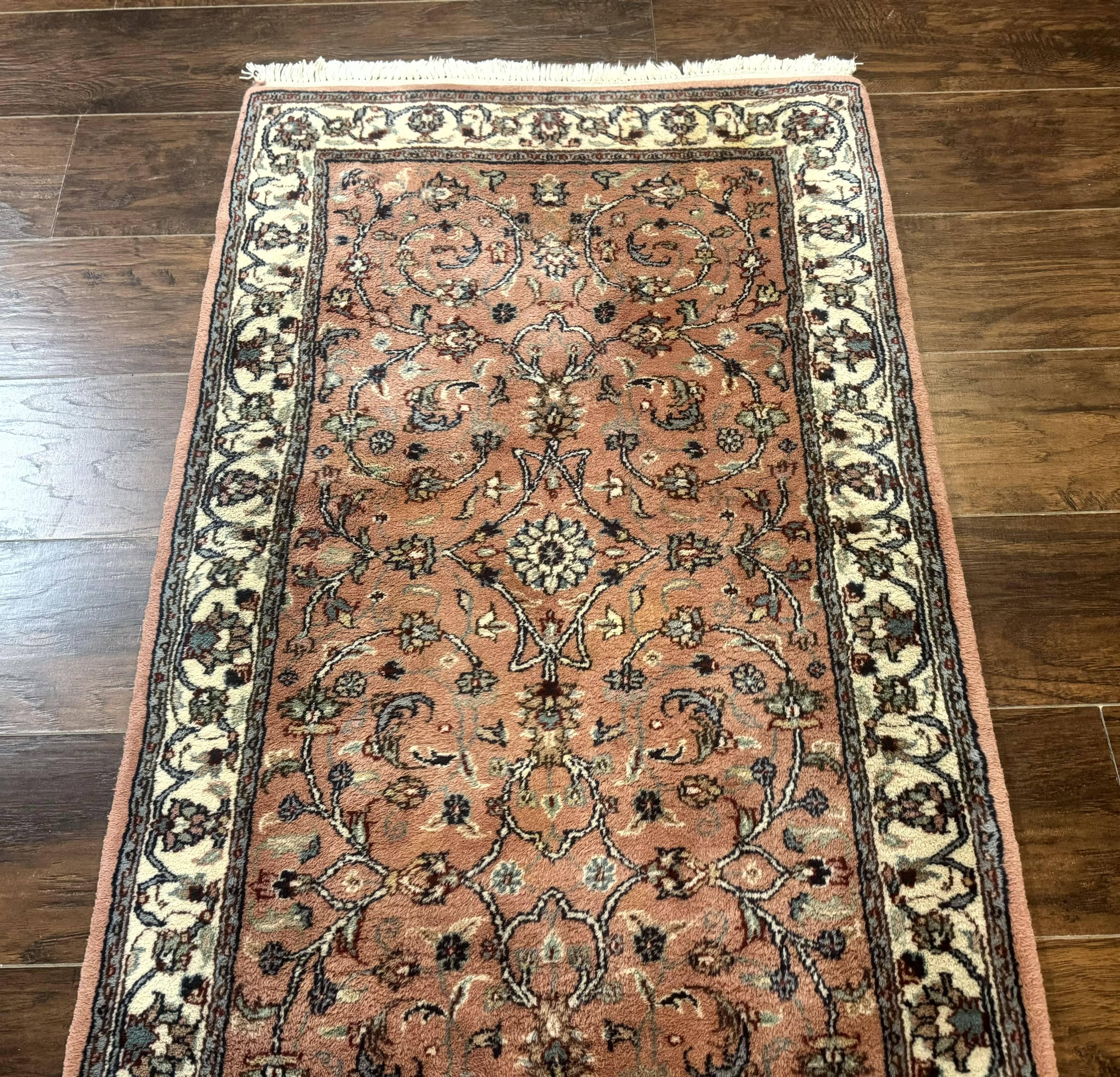 Indo Persian Runner Rug 2.6 x 10, Coral and Cream, Hand Knotted 10ft Wool Oriental Runner for Hallway or Kitchen - Jewel Rugs