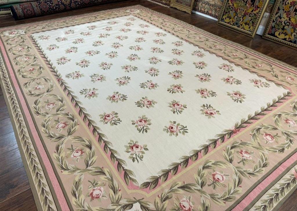 Aubusson Rug 10x14, Wool, Handmade, Floral Bouquets, European Design - Jewel Rugs