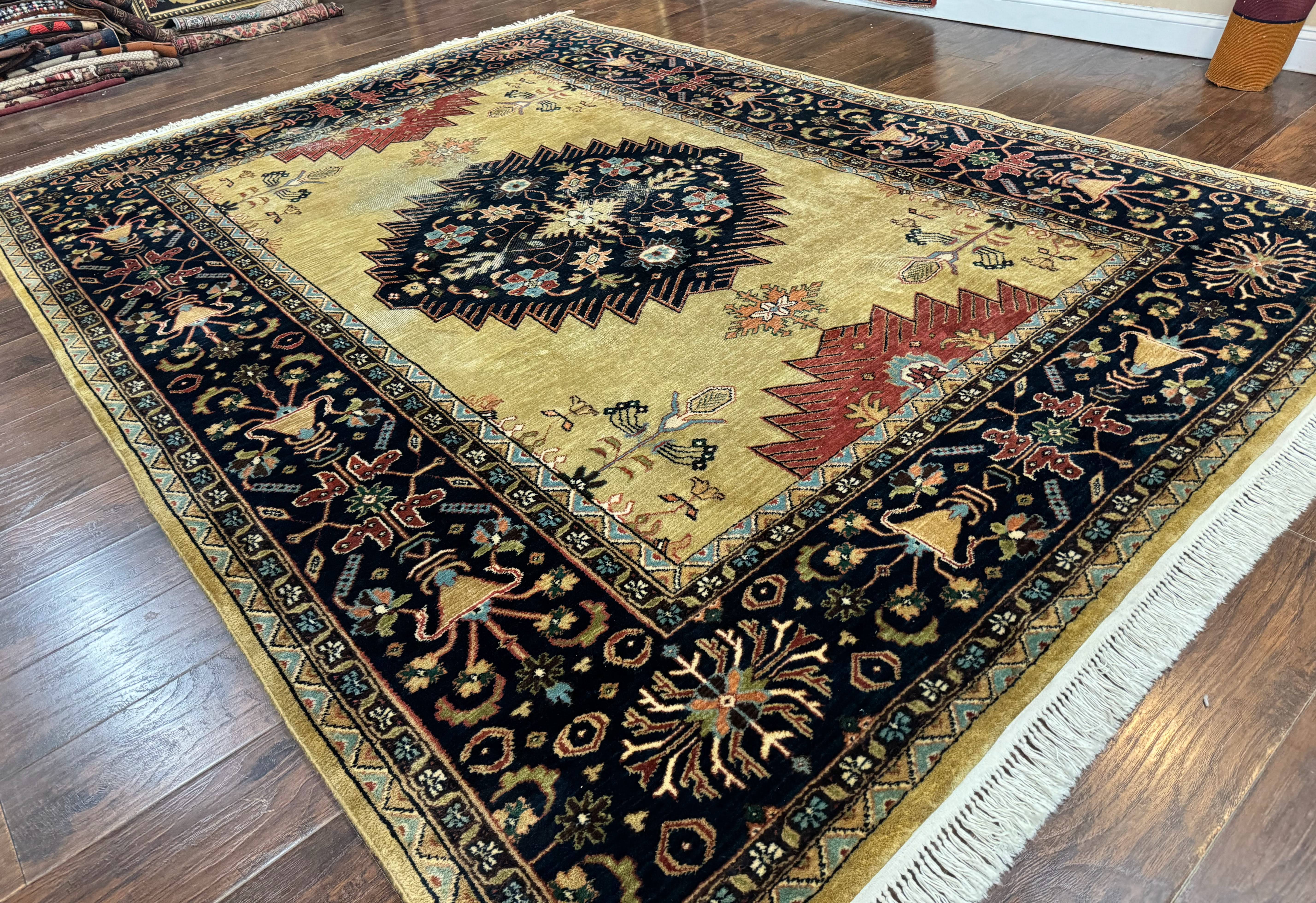 Indo Persian Heriz Rug 8x12, Camel Hair Tan and Navy Blue, Decorative - Jewel Rugs