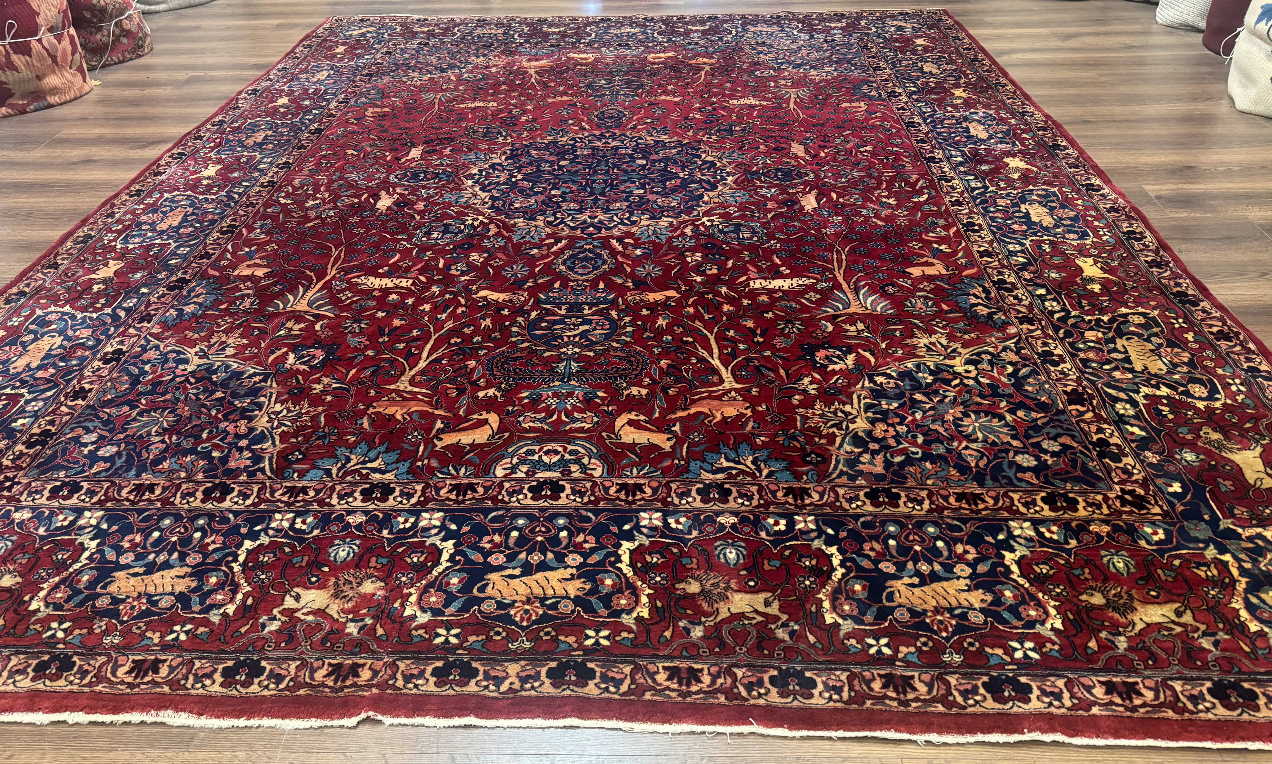 Antique Indo Persian Kerman Rug 9x12 Red Manchester Wool Animal Pictorials, Fine 290 KPSI - Jewel Rugs