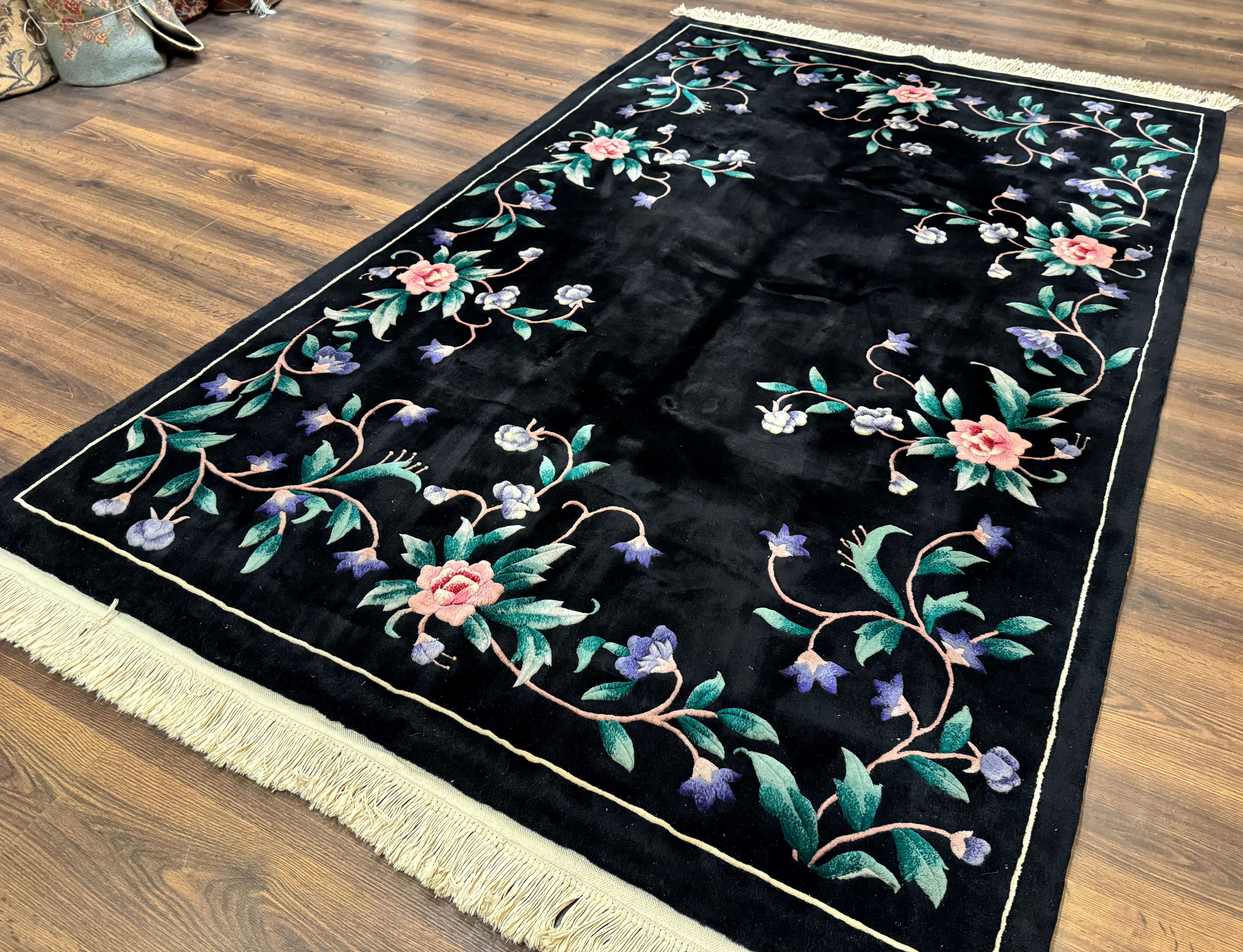 Chinese Wool Rug 6x9, Black, Floral, Minimal Design, 90 Line Carpet, Vintage Art Deco Rug - Jewel Rugs