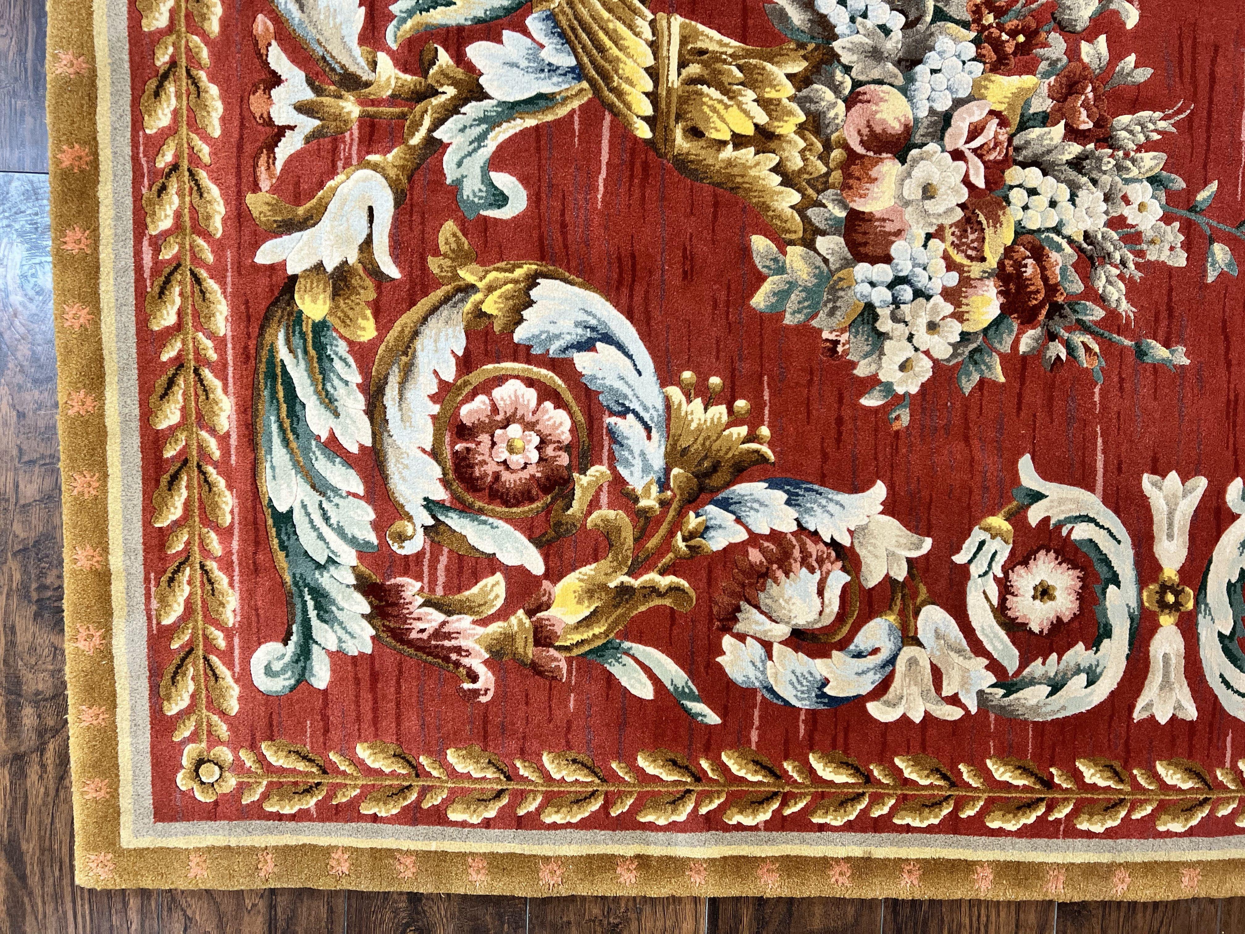Aubusson Rug 10x12, Large Handmade Aubusson Wool Pile Vintage Stark Carpet 10 x 12, Savonnerie French European Design Floral Bouquets, Red - Jewel Rugs