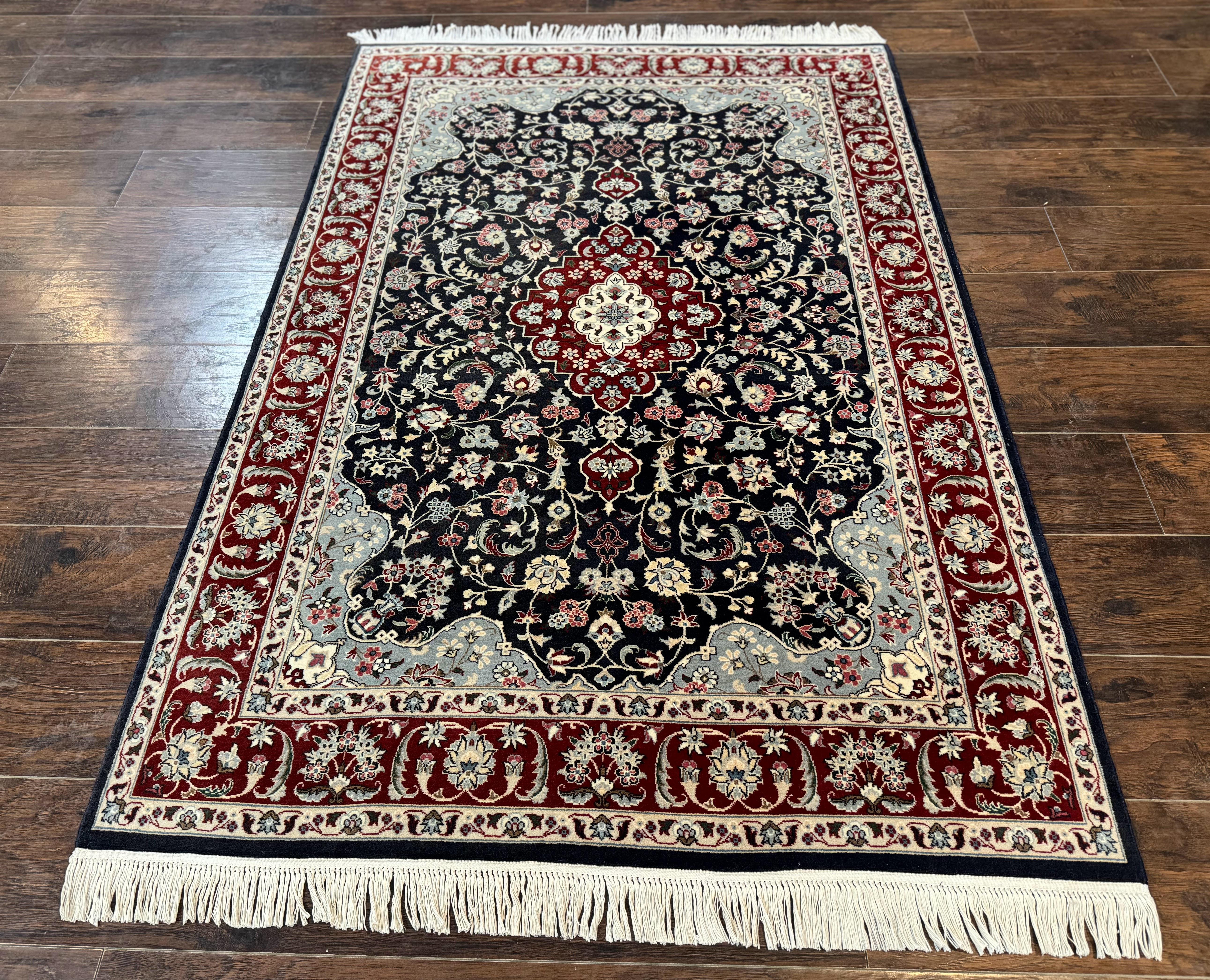 Dark Blue Persian Rug 4x6, Fine 260 KPSI, Traditional Oriental Carpet, Dark Blue and Dark Red, Pak Persian Rug, Floral Medallion, Handmade - Jewel Rugs