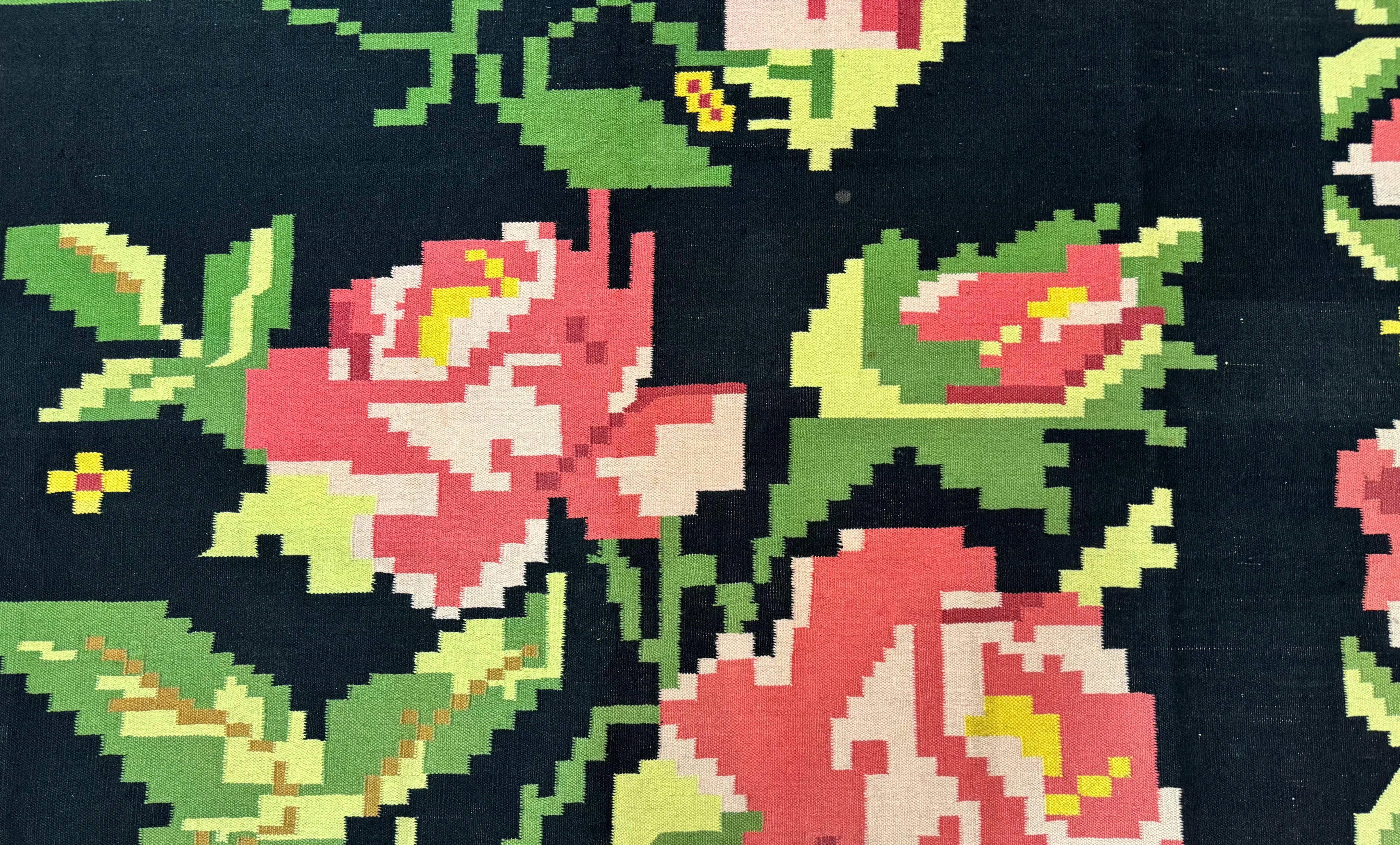 Large Indian Dhurrie Rug 8x10, Black Pink Green, 8 x 10 Kilim Rug, Handmade, Wool, Floral - Jewel Rugs