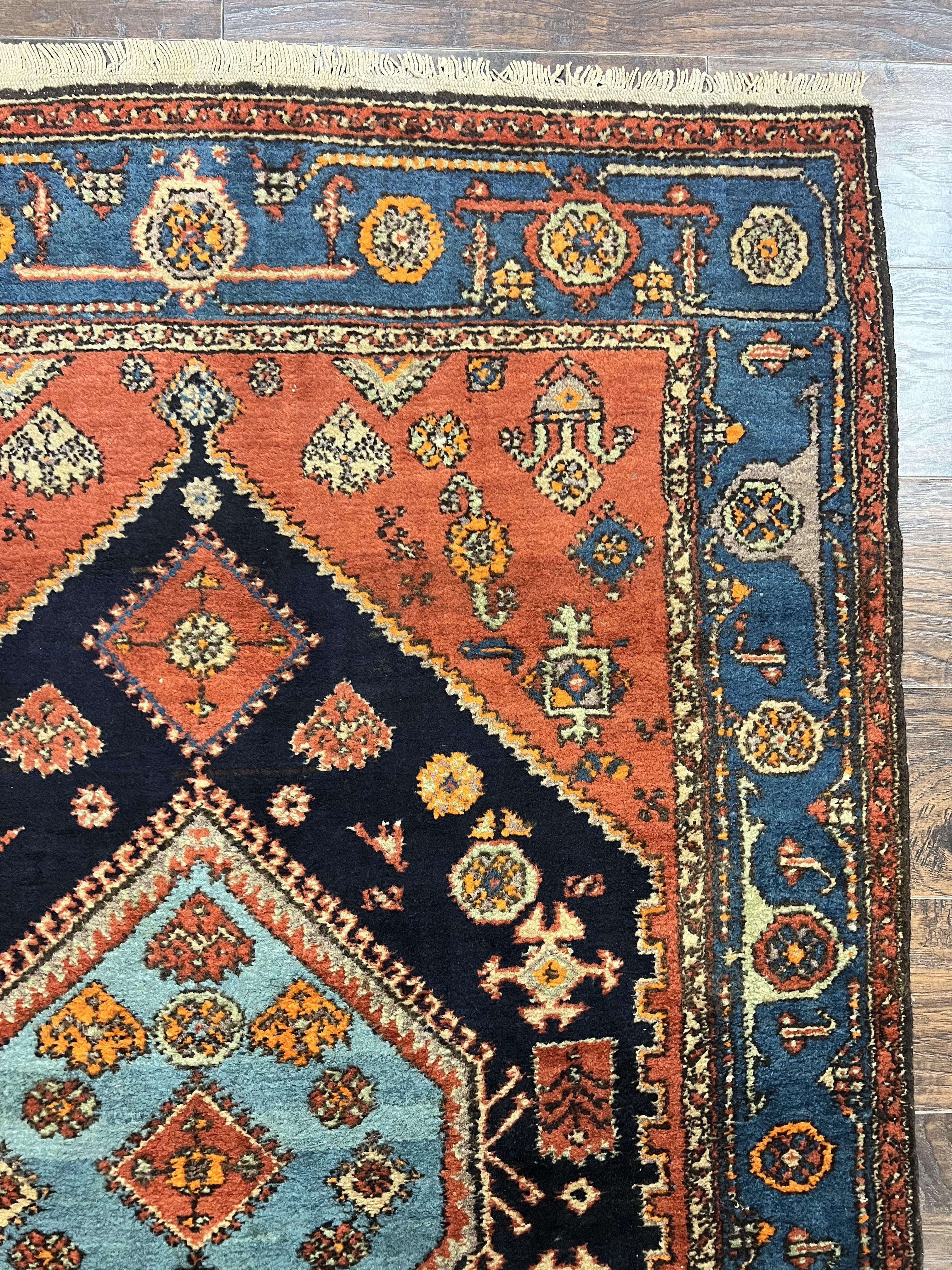 Antique Persian Hamadan Rug 4x6, Red Blue, Hand Knotted Carpet, Geometric, Tribal Rug, Wool Rug 4 x 6 - Jewel Rugs