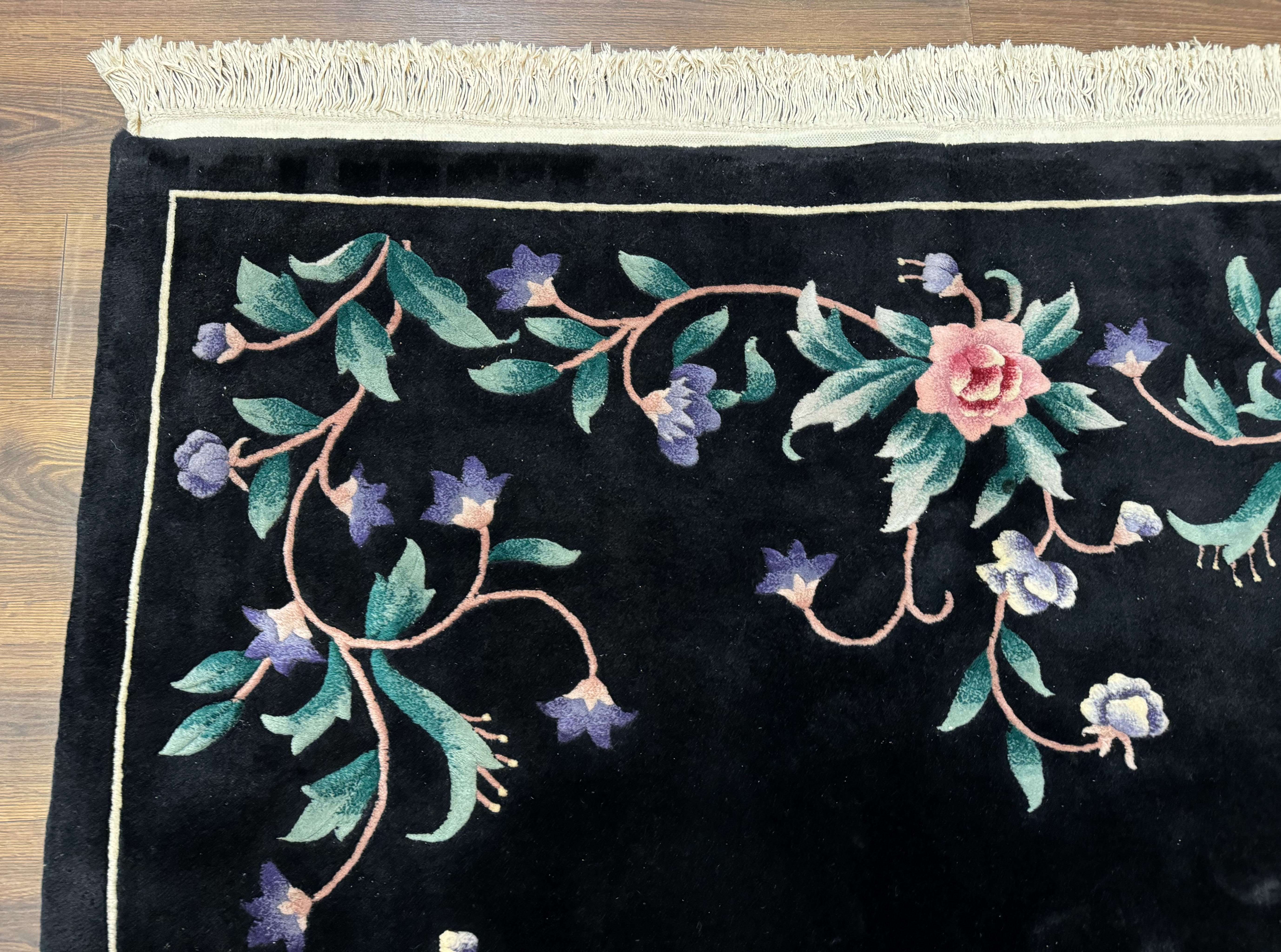 Chinese Wool Rug 6x9, Black, Floral, Minimal Design, 90 Line Carpet, Vintage Art Deco Rug - Jewel Rugs