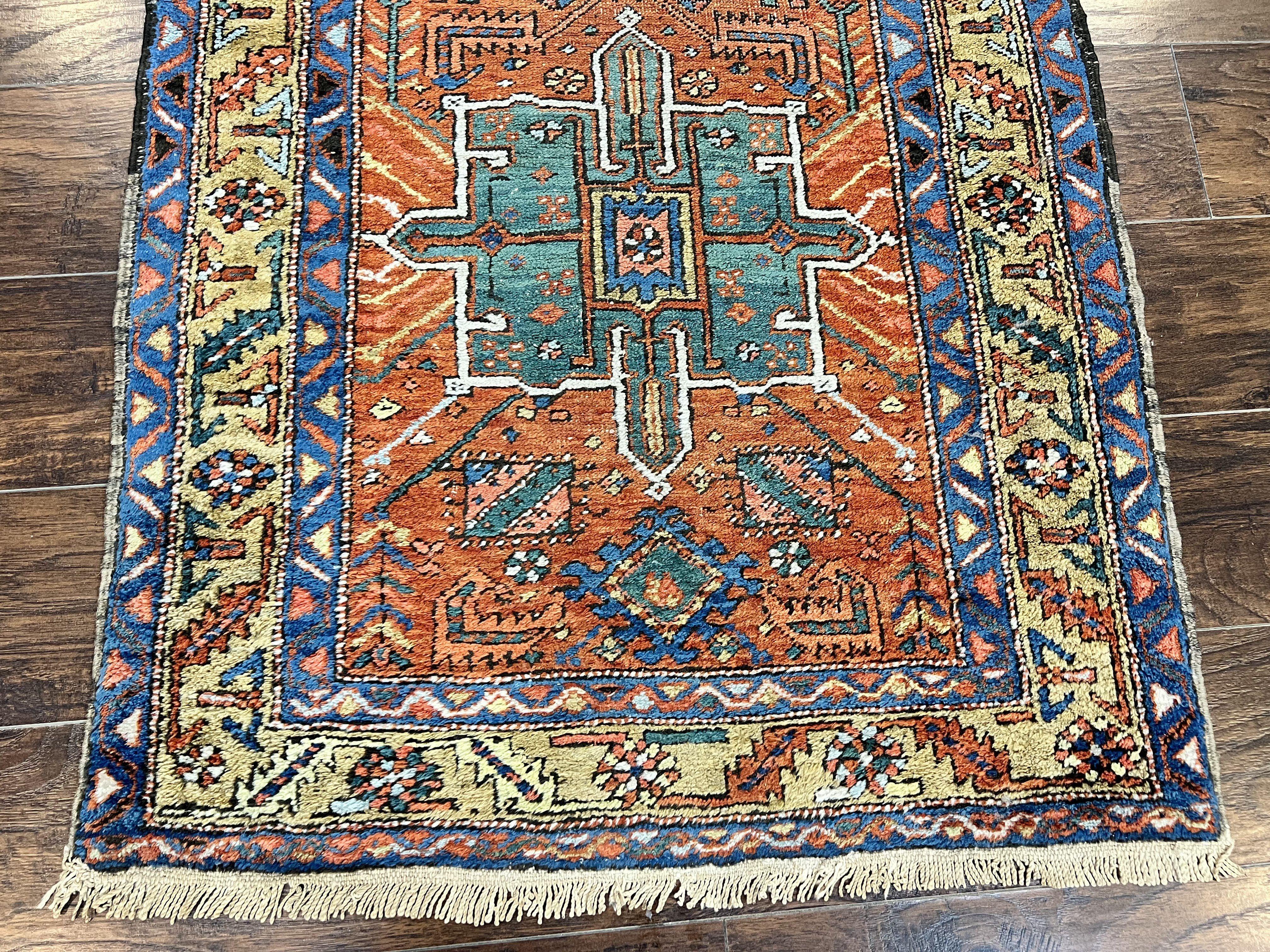 Colorful Persian Karajeh Runner Rug 3 x 10.7, Geometric Heriz Design, Antique Oriental Rug for Hallway, Orange-Red Blue, Handmade Tribal Runner - Jewel Rugs