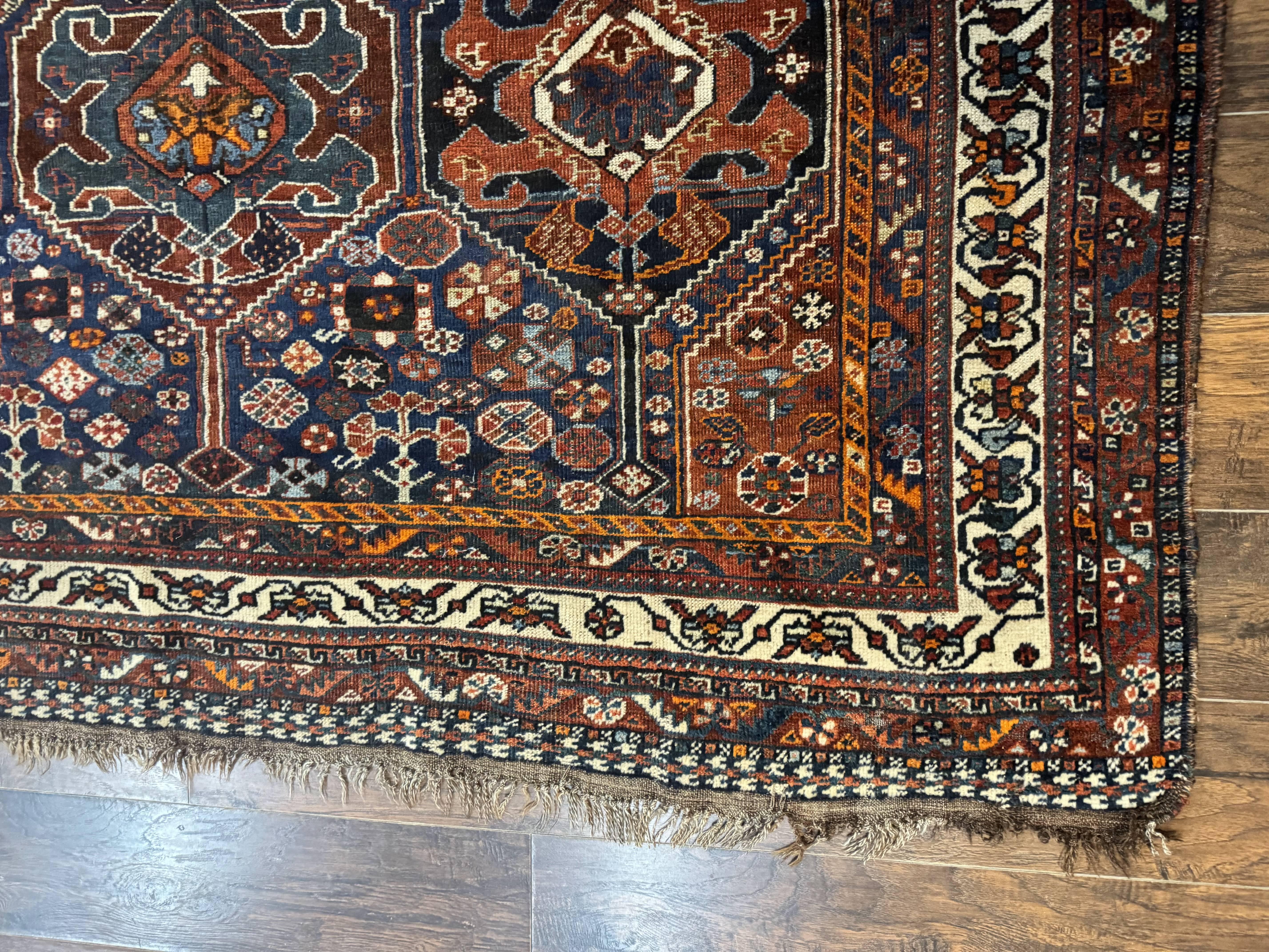 Persian Tribal Rug 7x10, Panel Design, Wool on Wool, Dark Blue, Antique Persian Carpet, Persian Shiraz Rug - Jewel Rugs