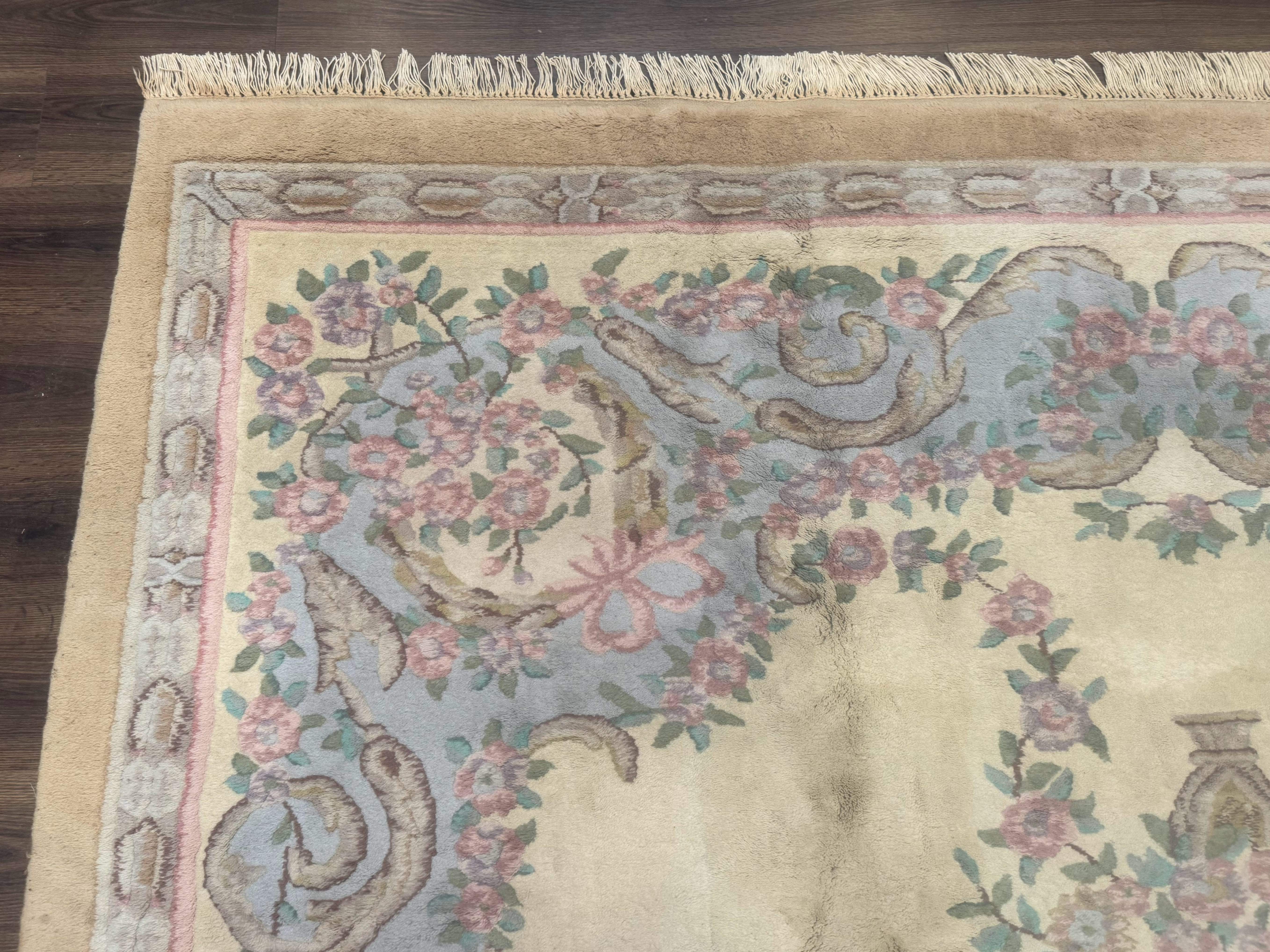 Indo Chinese Aubusson Rug 9x12, Cream and Light Blue, Soft Thick Wool Pile - Jewel Rugs