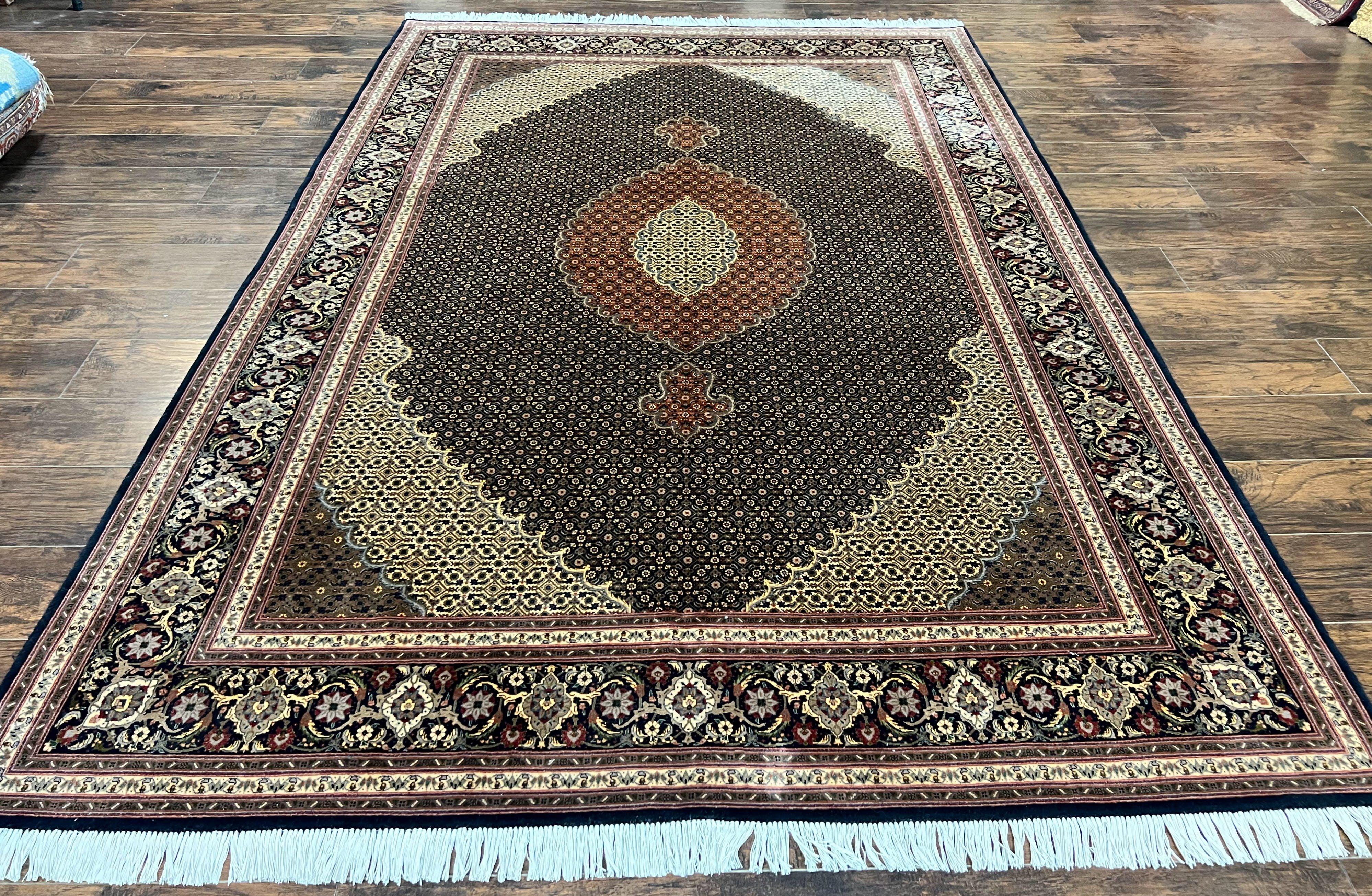 Persian Tabriz Rug 7x10, Very Fine 330 KPSI 50 Raj, Black and Beige, Handmade Wool Vintage Persian Carpet - Jewel Rugs