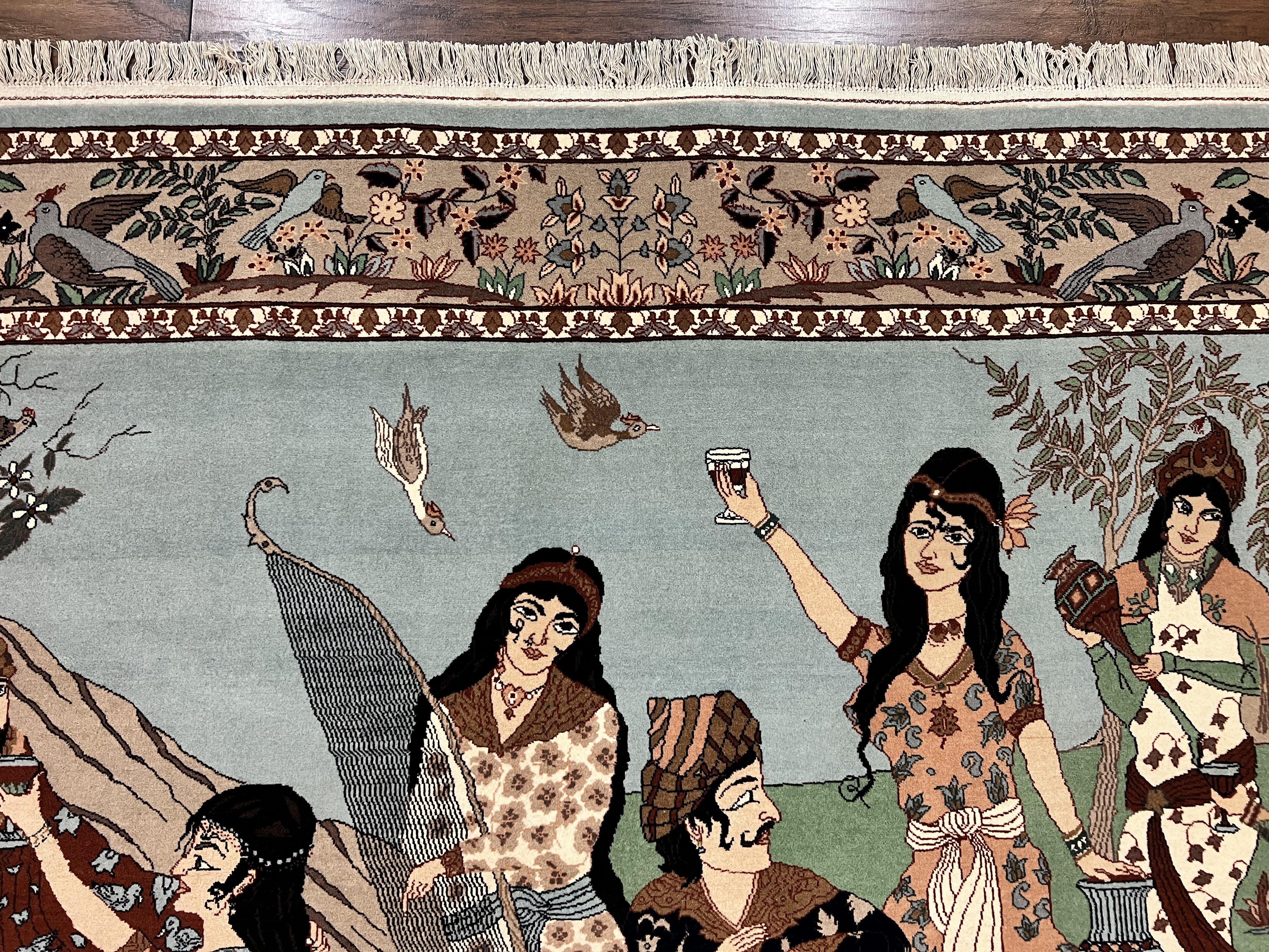 Indo Persian Pictorial Rug 4x7, Handmade Hand Knotted Wool Semi Antique Horizontal Carpet, Men & Women Drinking, Fine Rug, Bird Pictorials - Jewel Rugs