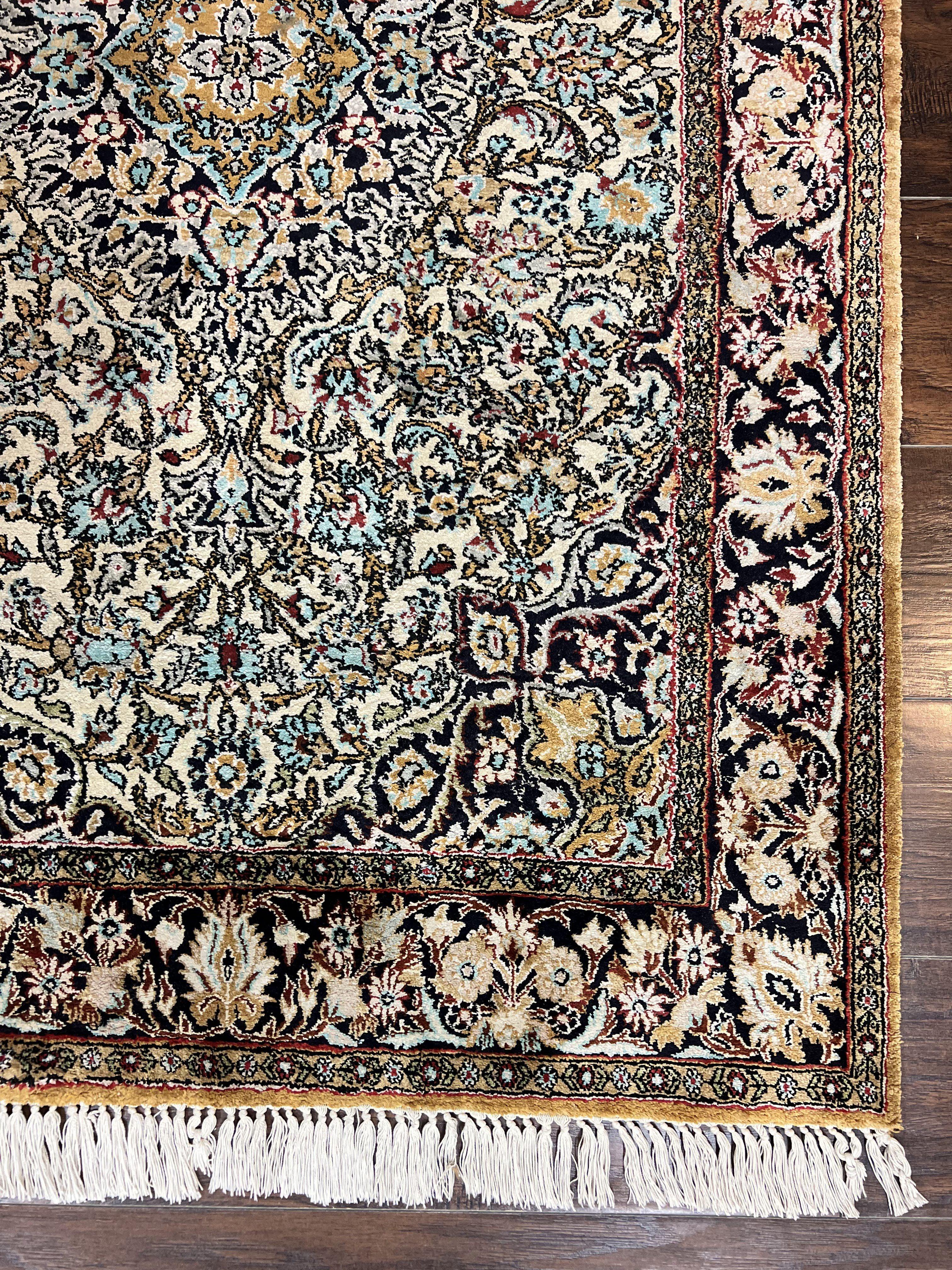 Silk Persian Qum Rug 4x5, Hand Knotted Vintage Carpet, Cream & Navy Blue, Silk Pile on Silk Foundation, Very Fine 360 KPSI - Jewel Rugs
