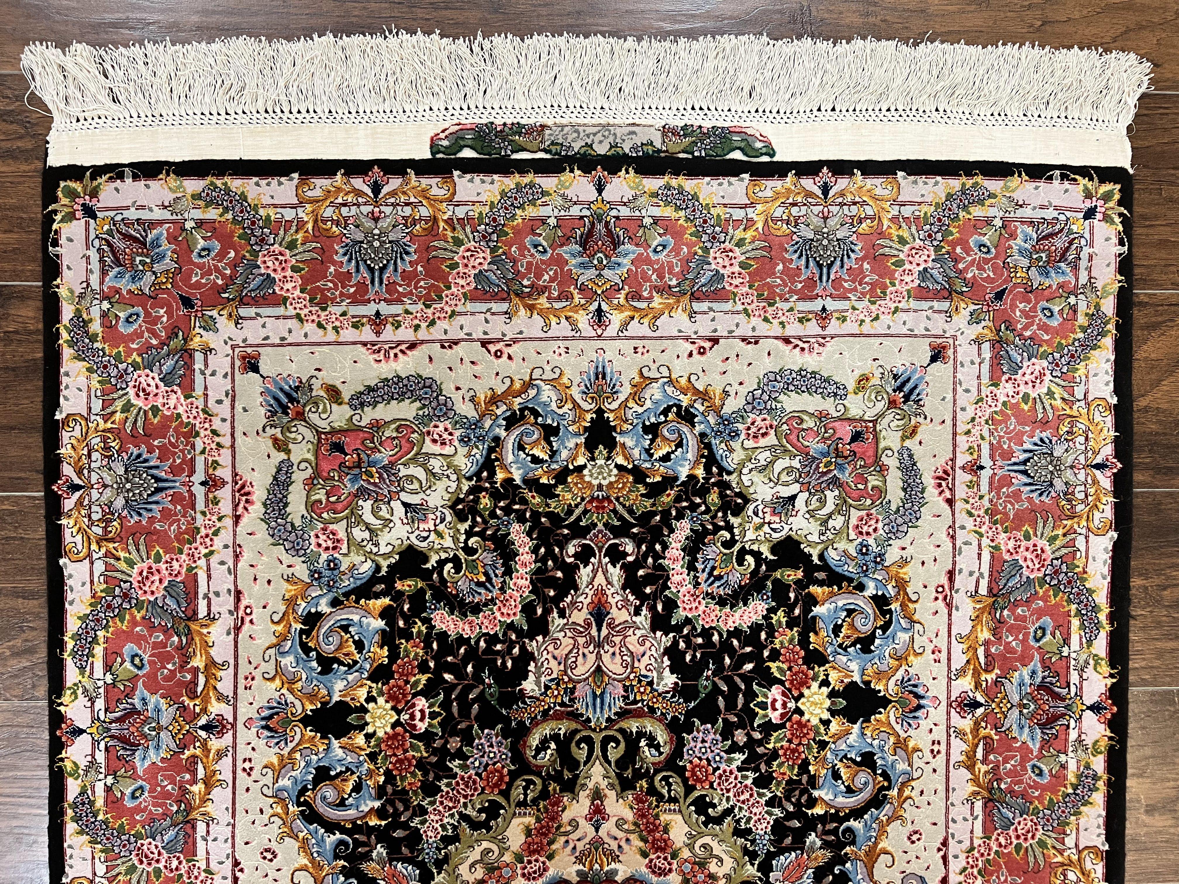 Wonderful 3x5 Persian Tabriz Rug, 650 KPSI, Kork Wool on Silk Foundation, Hand Knotted, Black and Red, Signed by Master Weaver, Floral Medallion - Jewel Rugs