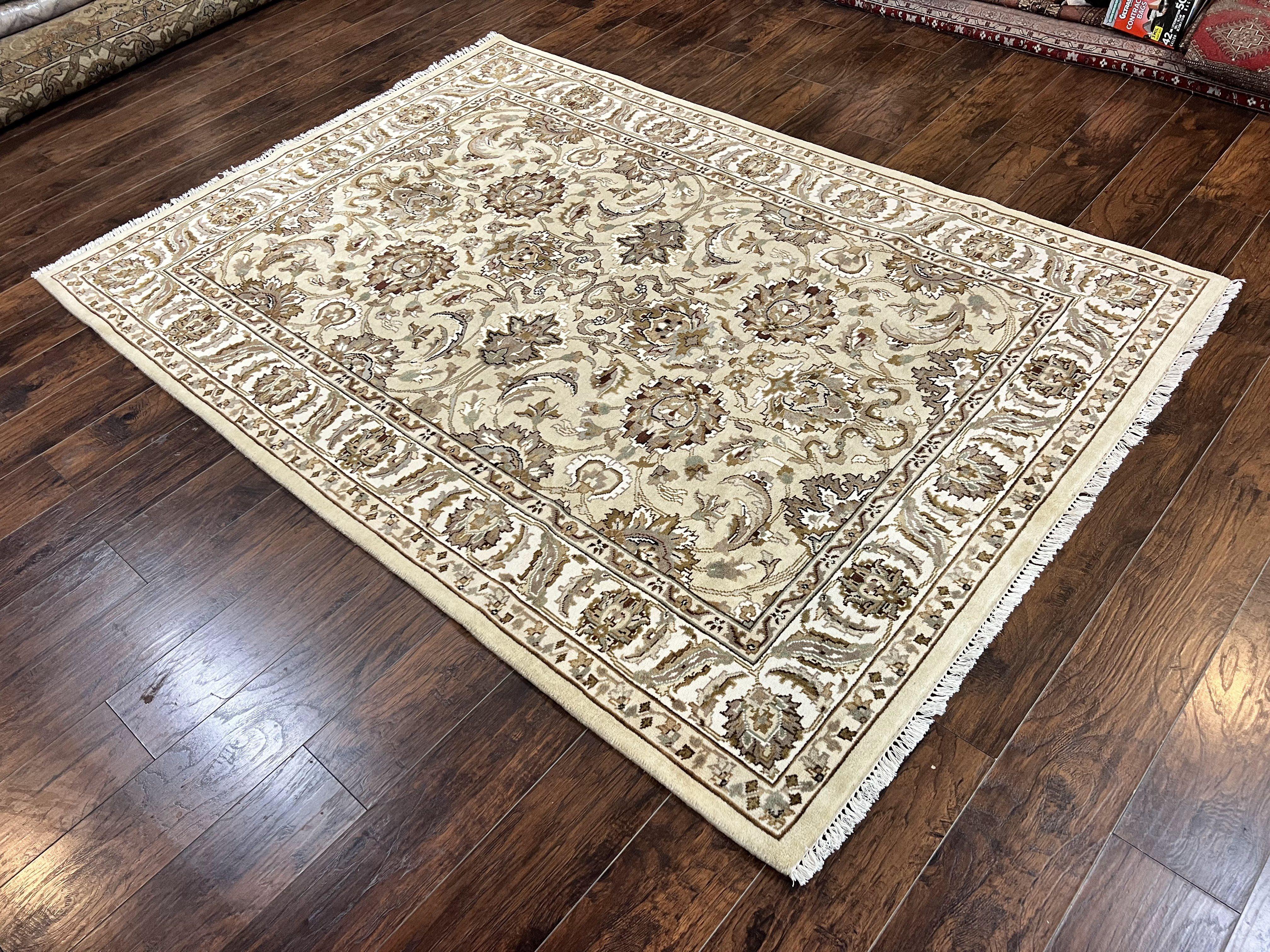 Indo Mahal Rug 6x9, Indian Carpet 6 x 9 ft, Light Green and Ivory, Floral Allover, Wool Oriental Carpet, Traditional Rug, Handmade - Jewel Rugs