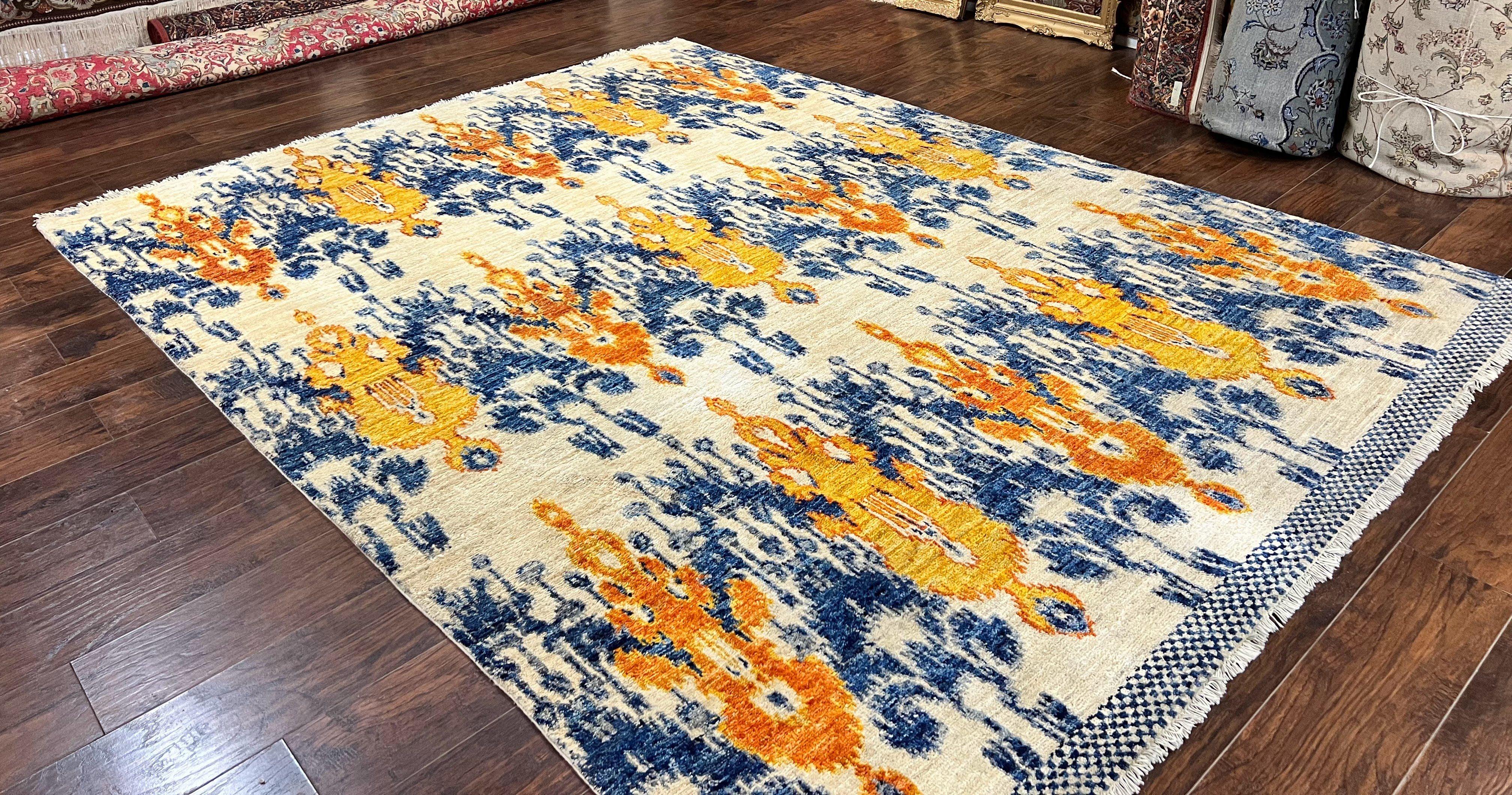 Modern Handmade Wool Rug 8x10, Oatmeat Orange Blue - Jewel Rugs