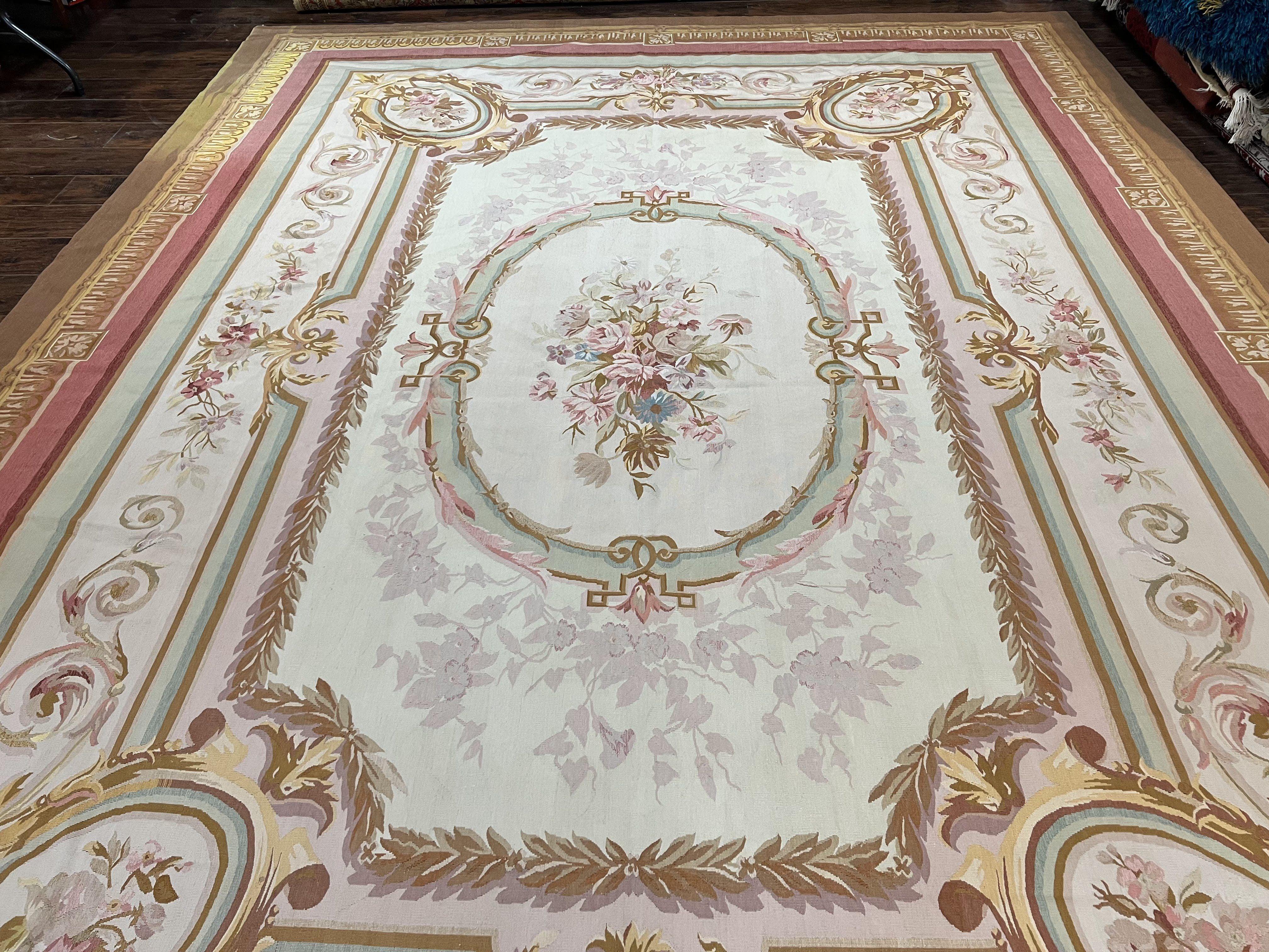 Large Aubusson Rug 11x15, Oversized Gallery Palace Size Flatweave Savonnerie Carpet 11 x 15 ft, Wool Handmade Vintage Elegant European - Jewel Rugs