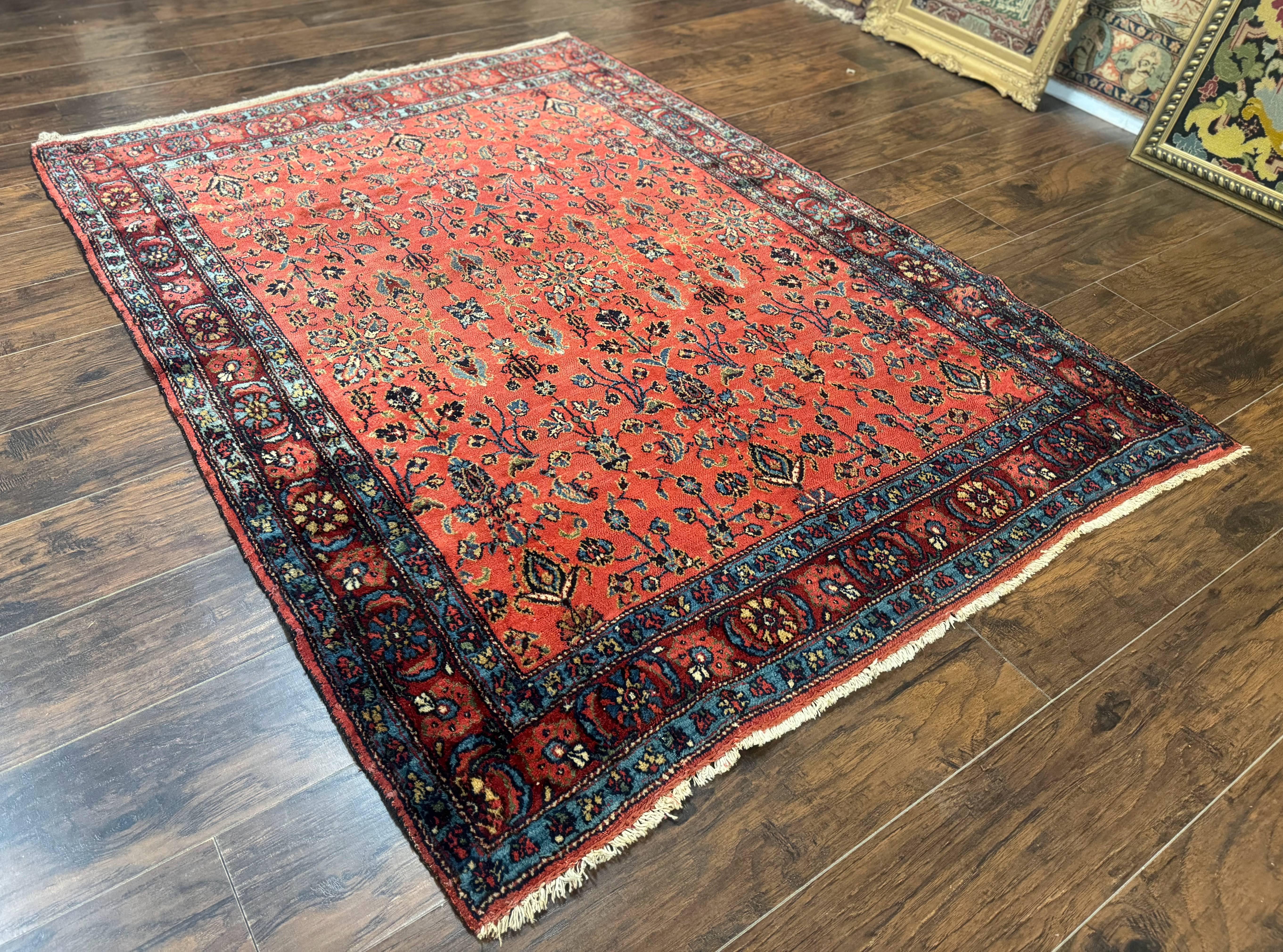 Antique Persian Tribal Rug 5 x 6.6, Tomato Red, Hamadan Angelas Rug - Jewel Rugs