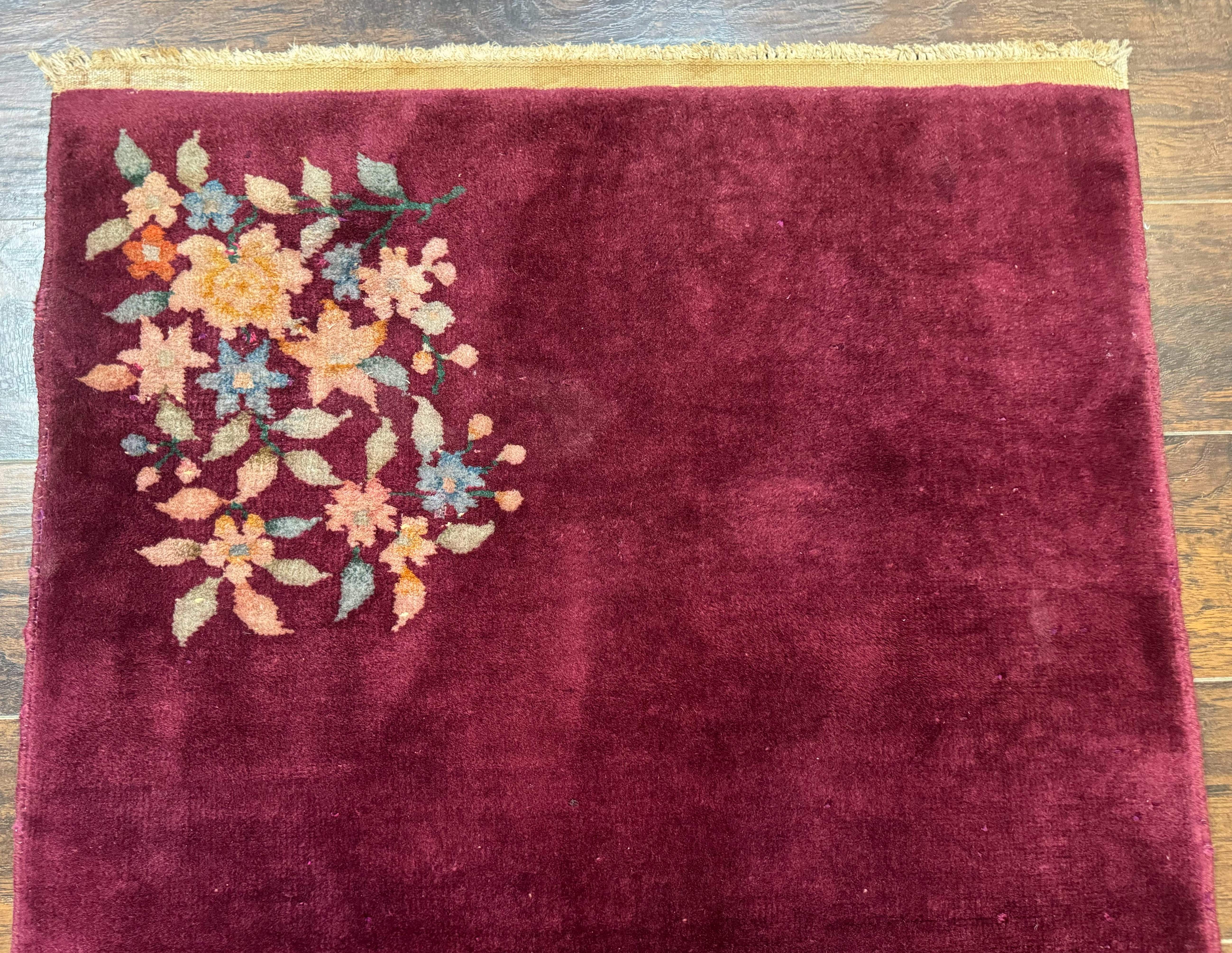Chinese Nichols Rug 3x5 – Art Deco Carpet, Dark Magenta, Hand-Knotted Wool Vintage Asian Carpet - Jewel Rugs