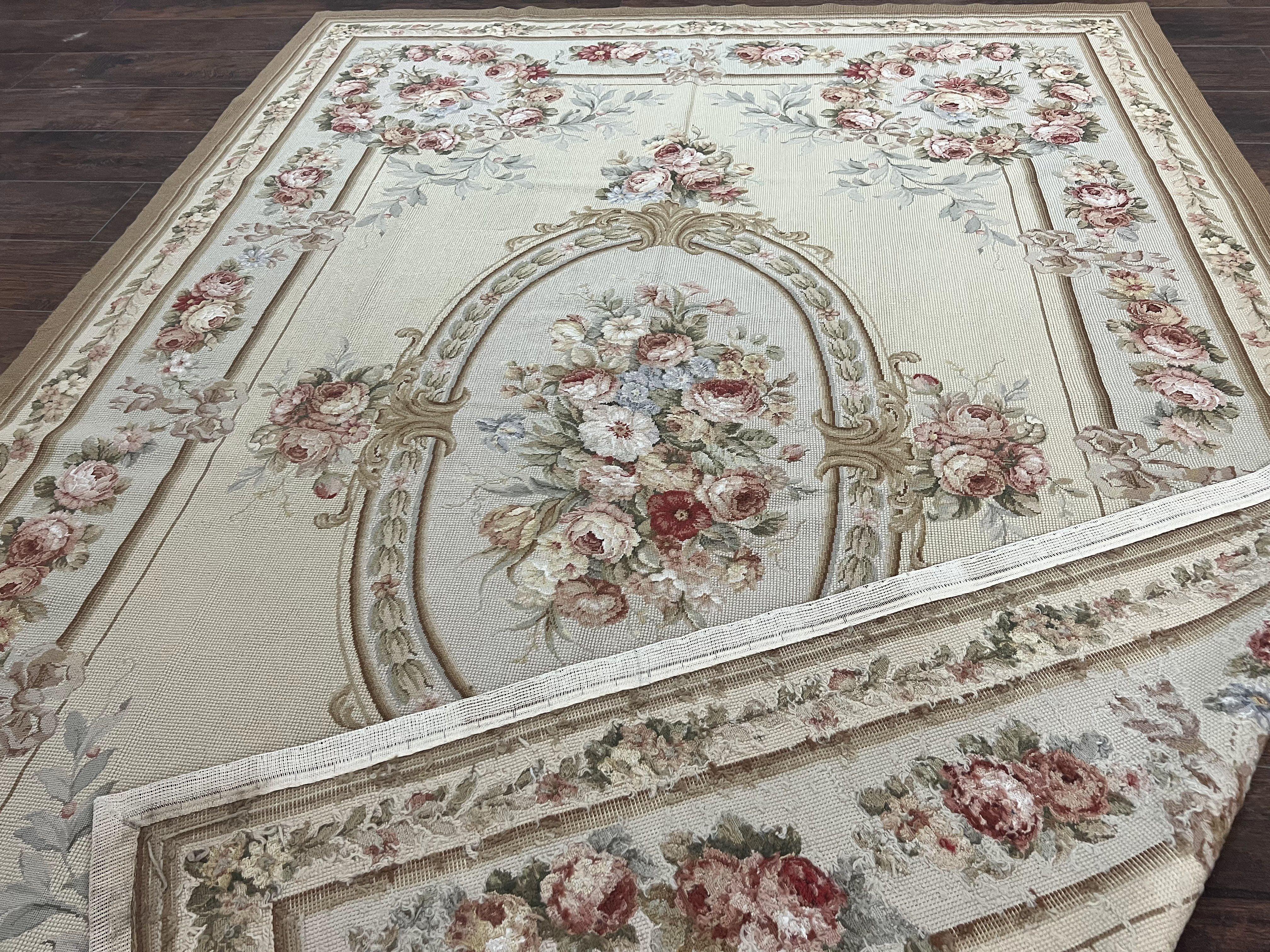 Needlepoint Rug, Aubusson Design, Petit Point Carpet, Floral, Cream, French European Design, Flatweave, Wool, Vintage - Jewel Rugs