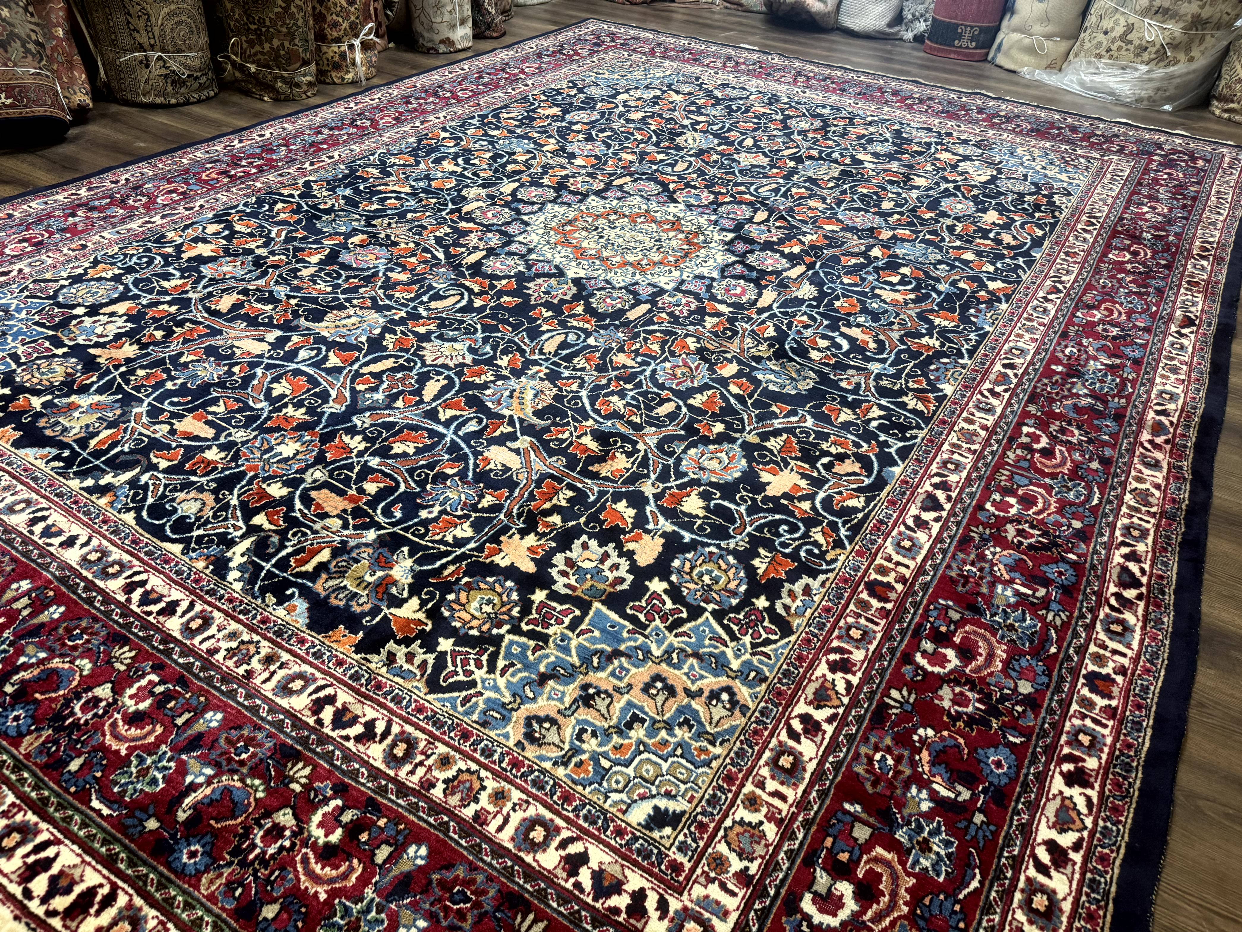 Palace Size Persian Mashad Rug 11x16, Navy Blue and Red, Floral Medallion - Jewel Rugs