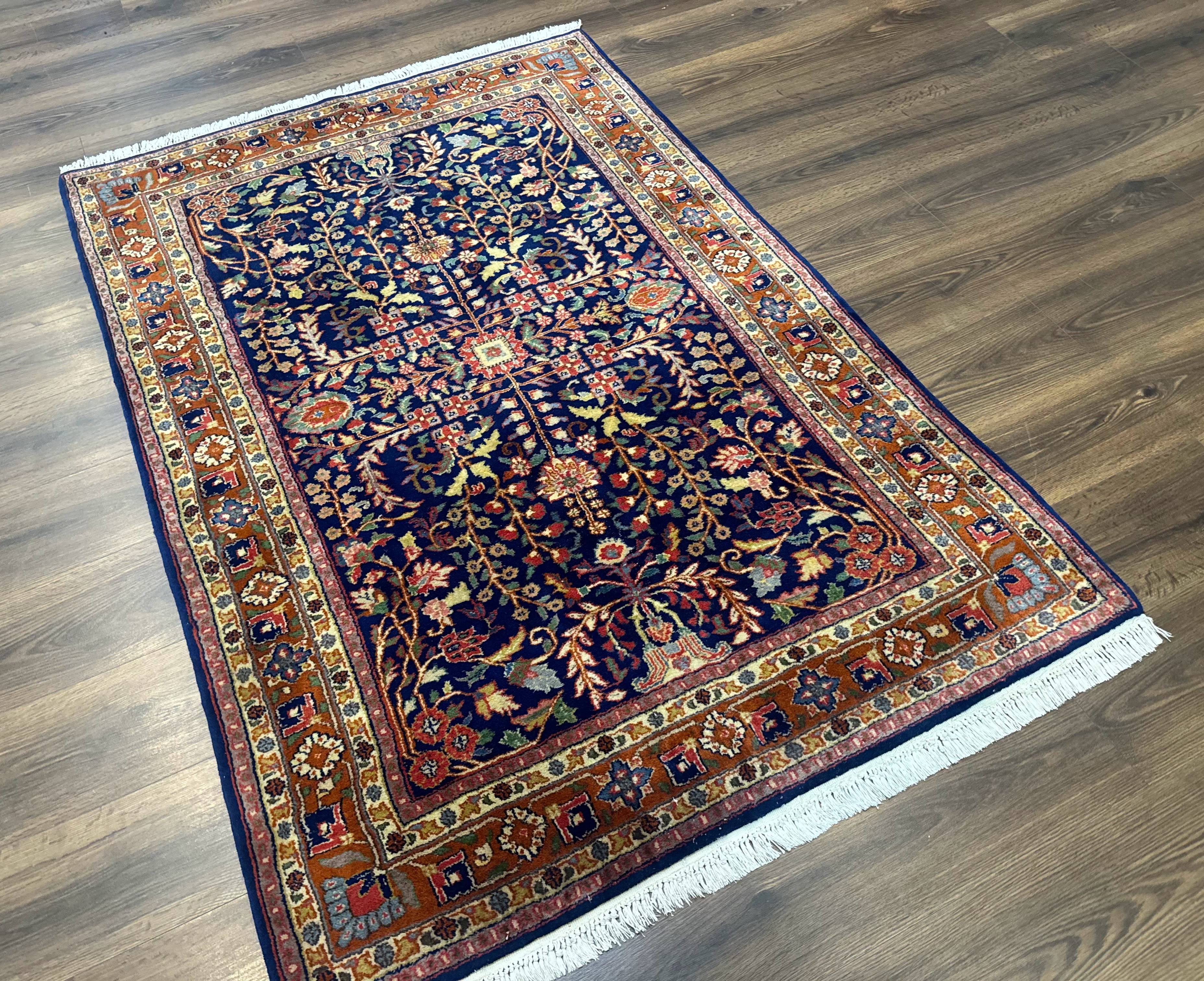 Indo Persian Sarouk Rug 4x6, Blue and Rust Red - Jewel Rugs