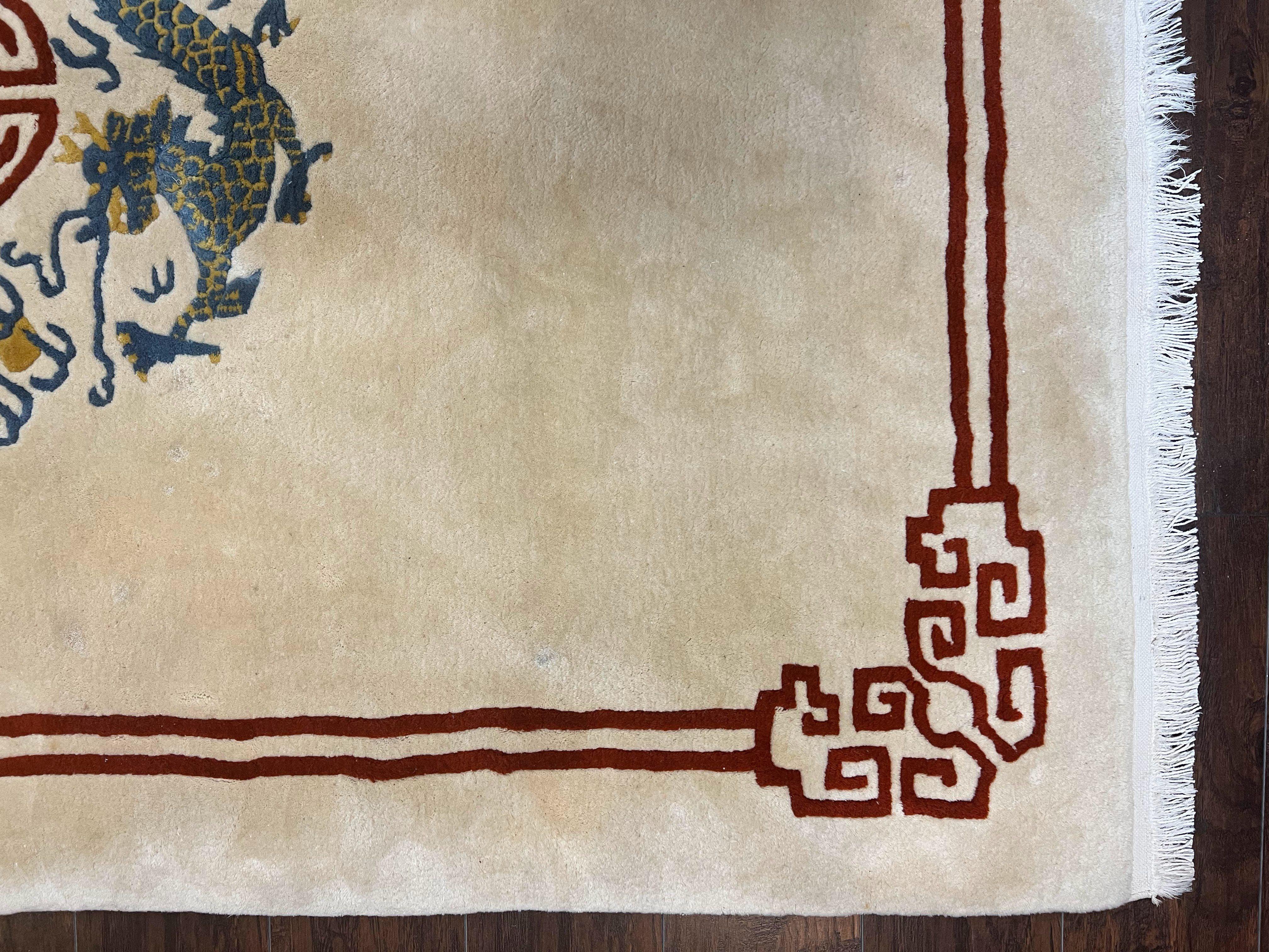 Chinese Wool Rug 5x8, Chinese Dragon Rug 5 x 8, Peking Carpet, Simple Design, Ivory, Wool Vintage Handmade Asian Art Deco Oriental Rug - Jewel Rugs