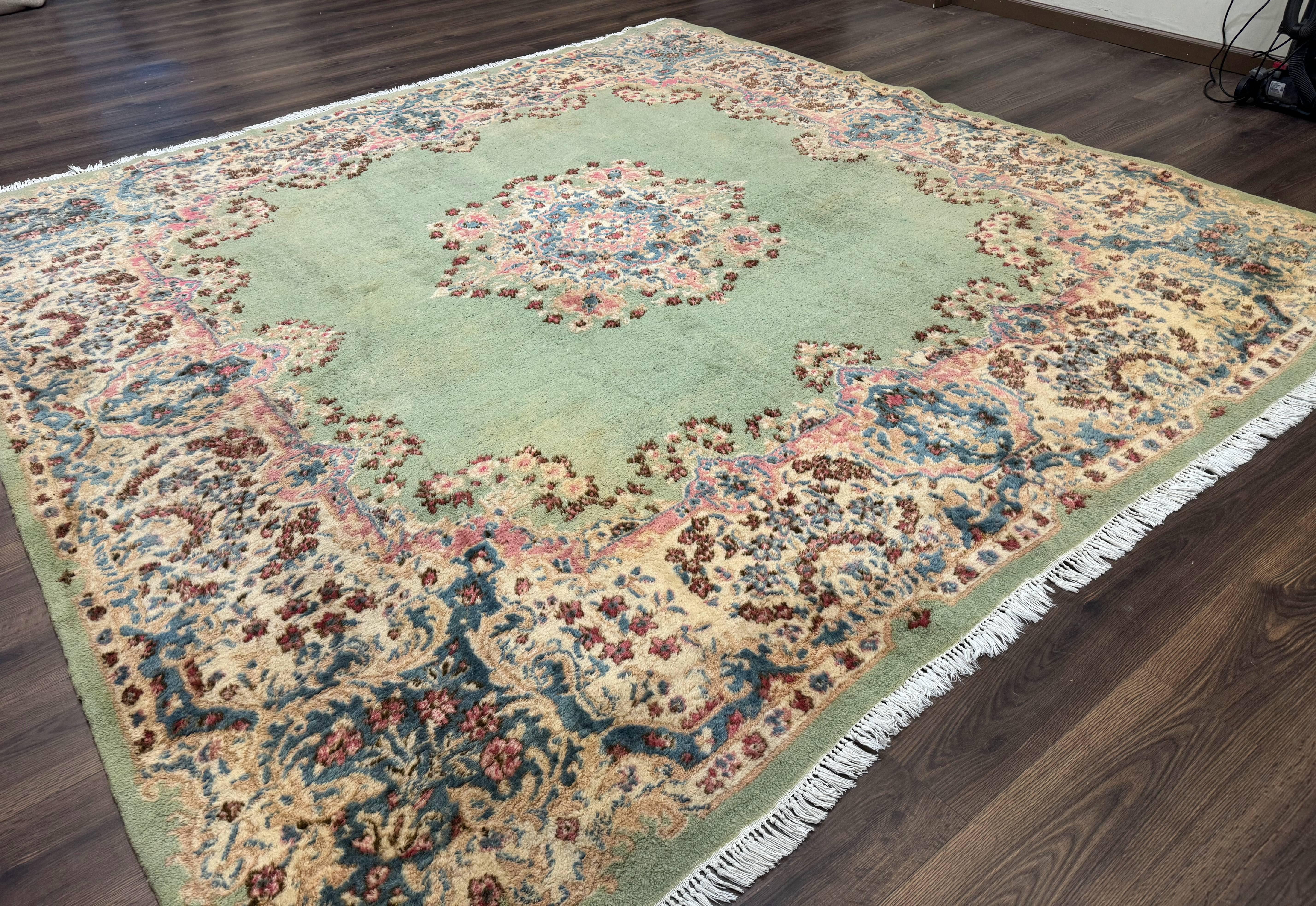 Green Persian Rug 10x10, Large Square Persian Carpet, Wool Rug, Open Field, Green and Beige Rug, Kerman Rug - Jewel Rugs