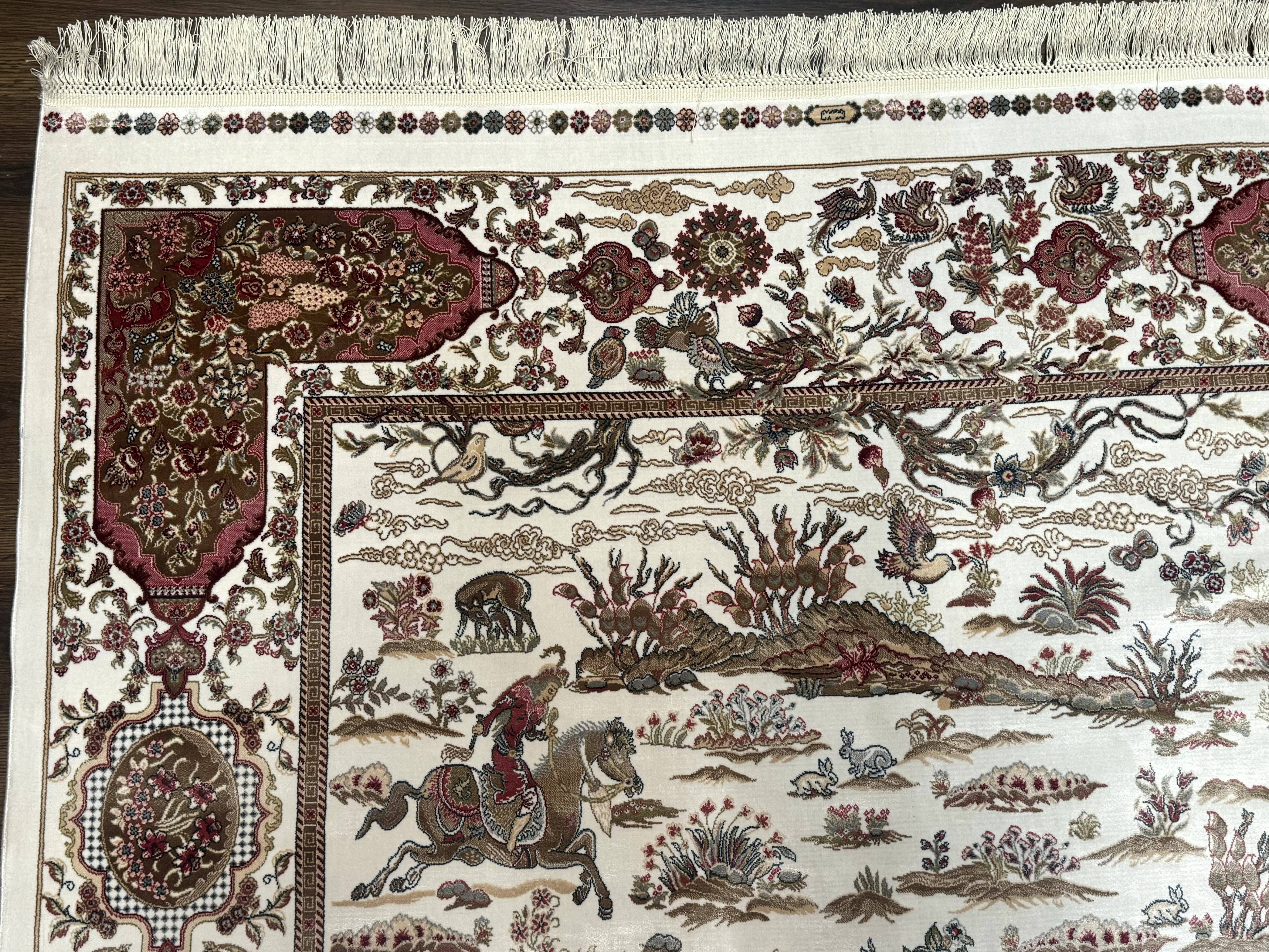 Turkish Silk Rug 5x8, Ivory, Hunting Design, Animal Pictorials, Bamboo Silk - Jewel Rugs