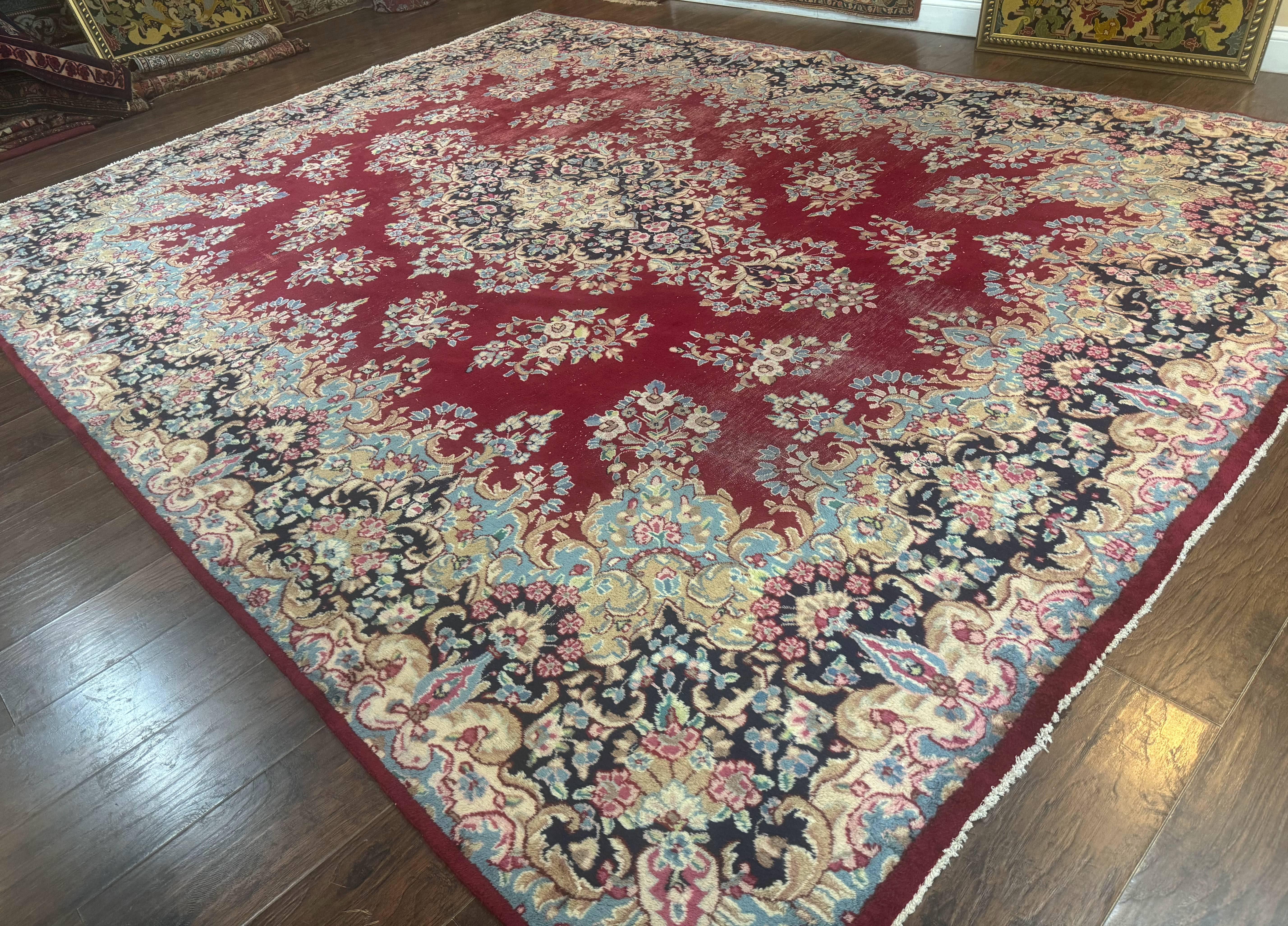 Persian Kerman Rug 10x12, Raspberry Red and Navy Blue, Traditional Persian Carpet - Jewel Rugs