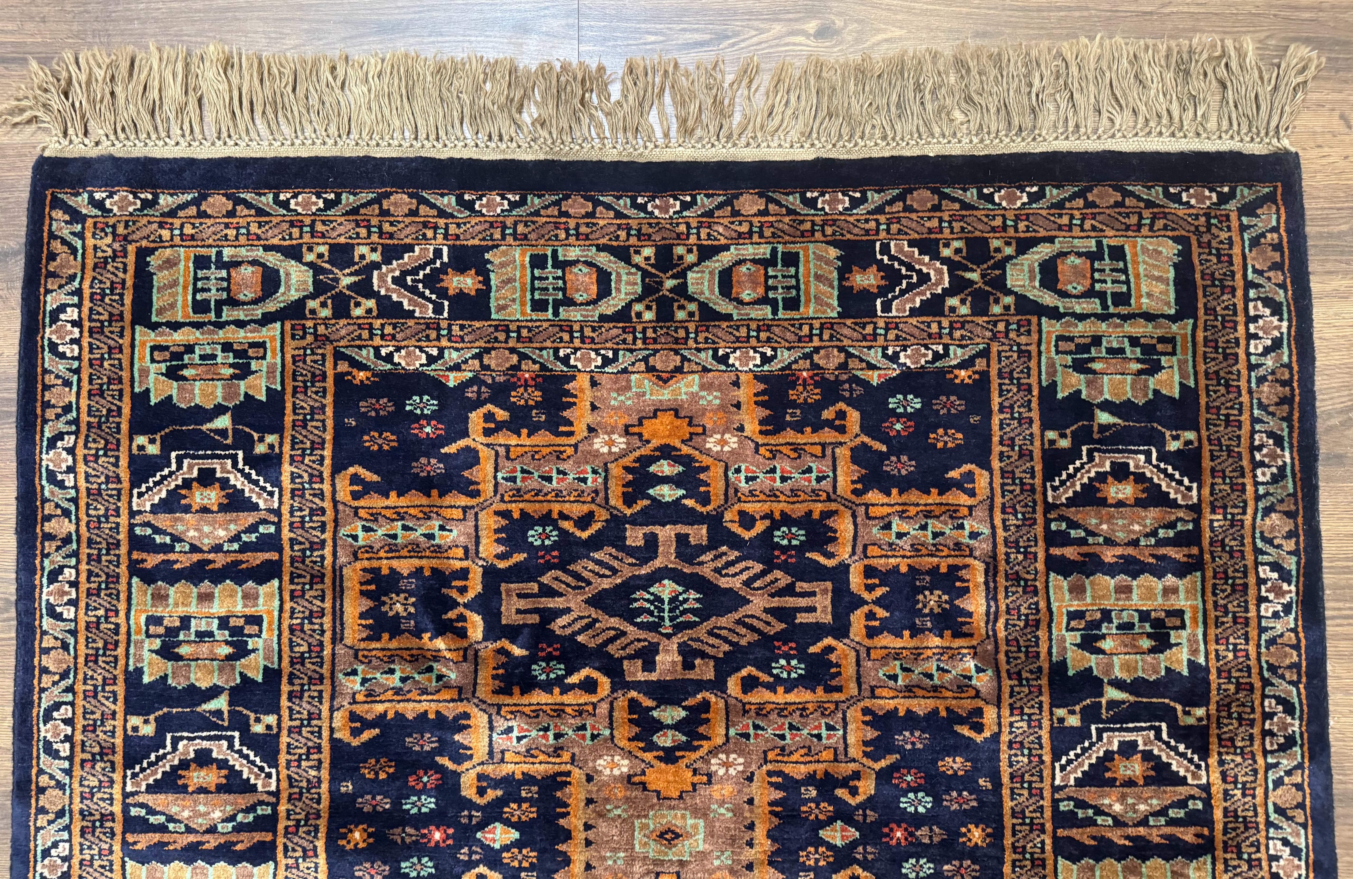 Vintage Afghan Rug 4x6, Navy Blue and Light Brown, Geometric Medallions, Wool on Wool, Tribal Rug - Jewel Rugs