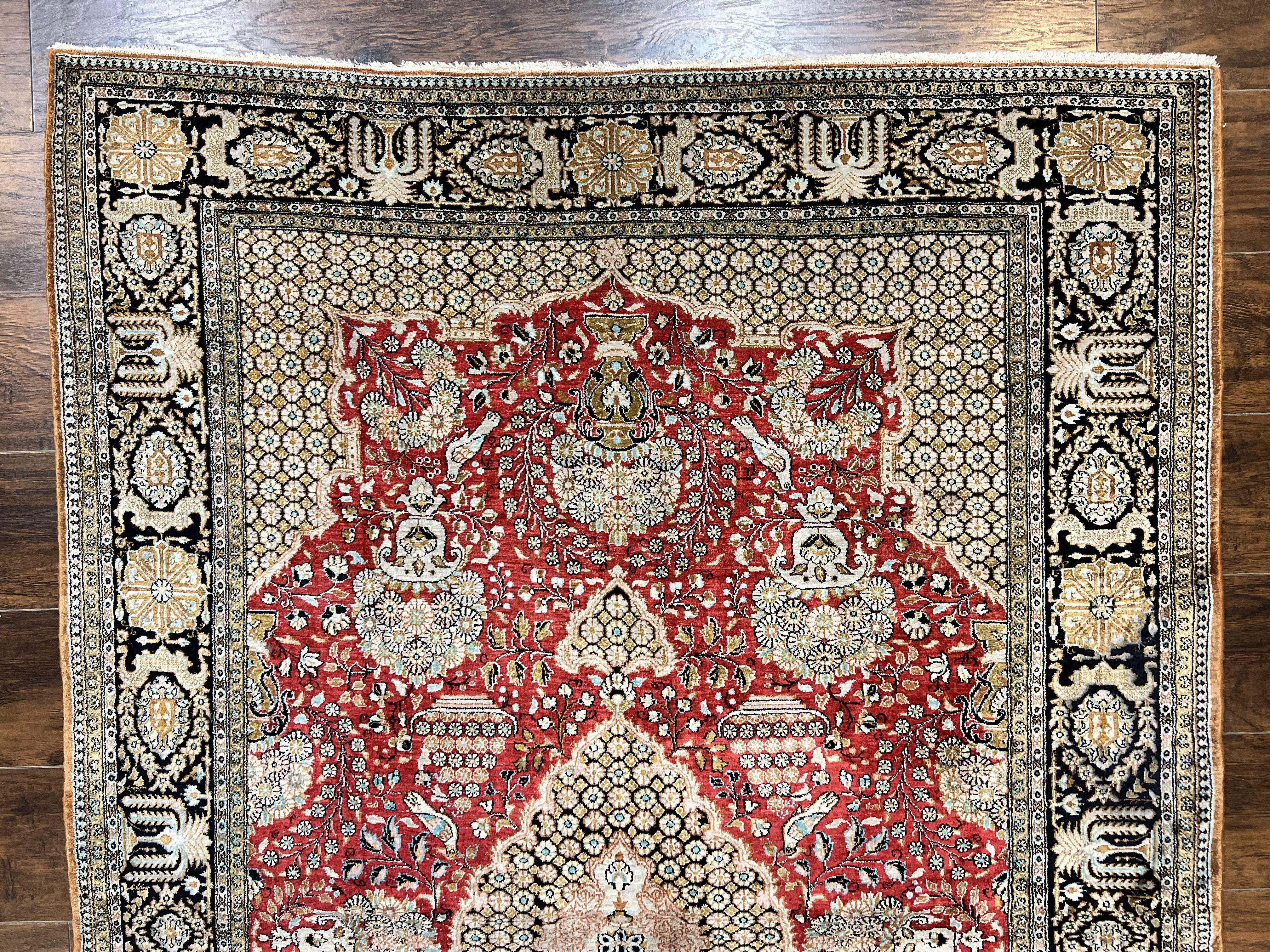 Wonderful Persian Silk Rug 5x7, Birds Floral Vases, Red, Hand Knotted Silk Fine Oriental Carpet, Handmade Vintage, Persian Qum Rug, 400 KPSI - Jewel Rugs