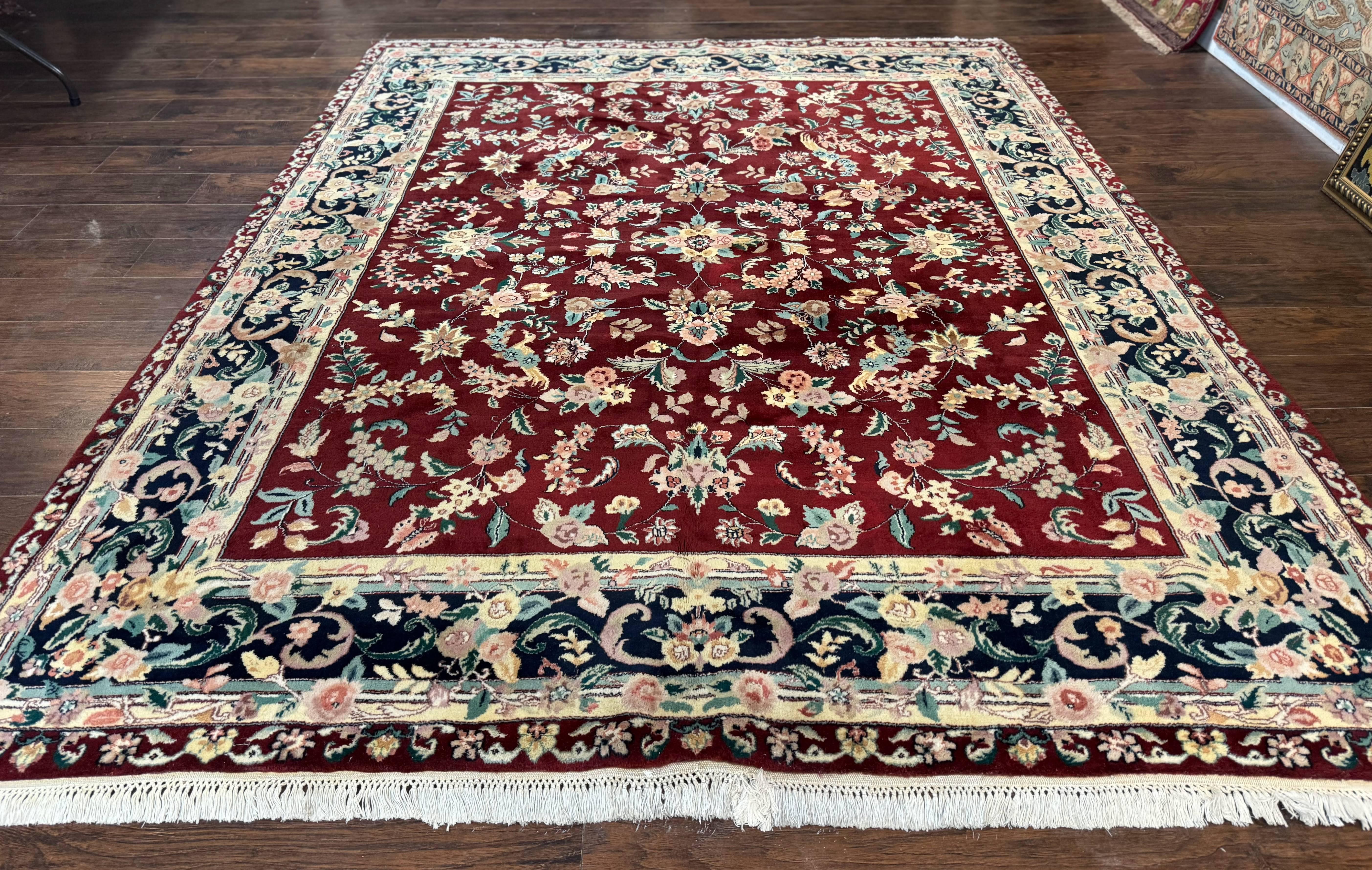 Indo Persian Rug 8x10, Floral Allover with Bird Pictorials, Maroon and Navy Blue, Handmade Wool Area Rug - Jewel Rugs