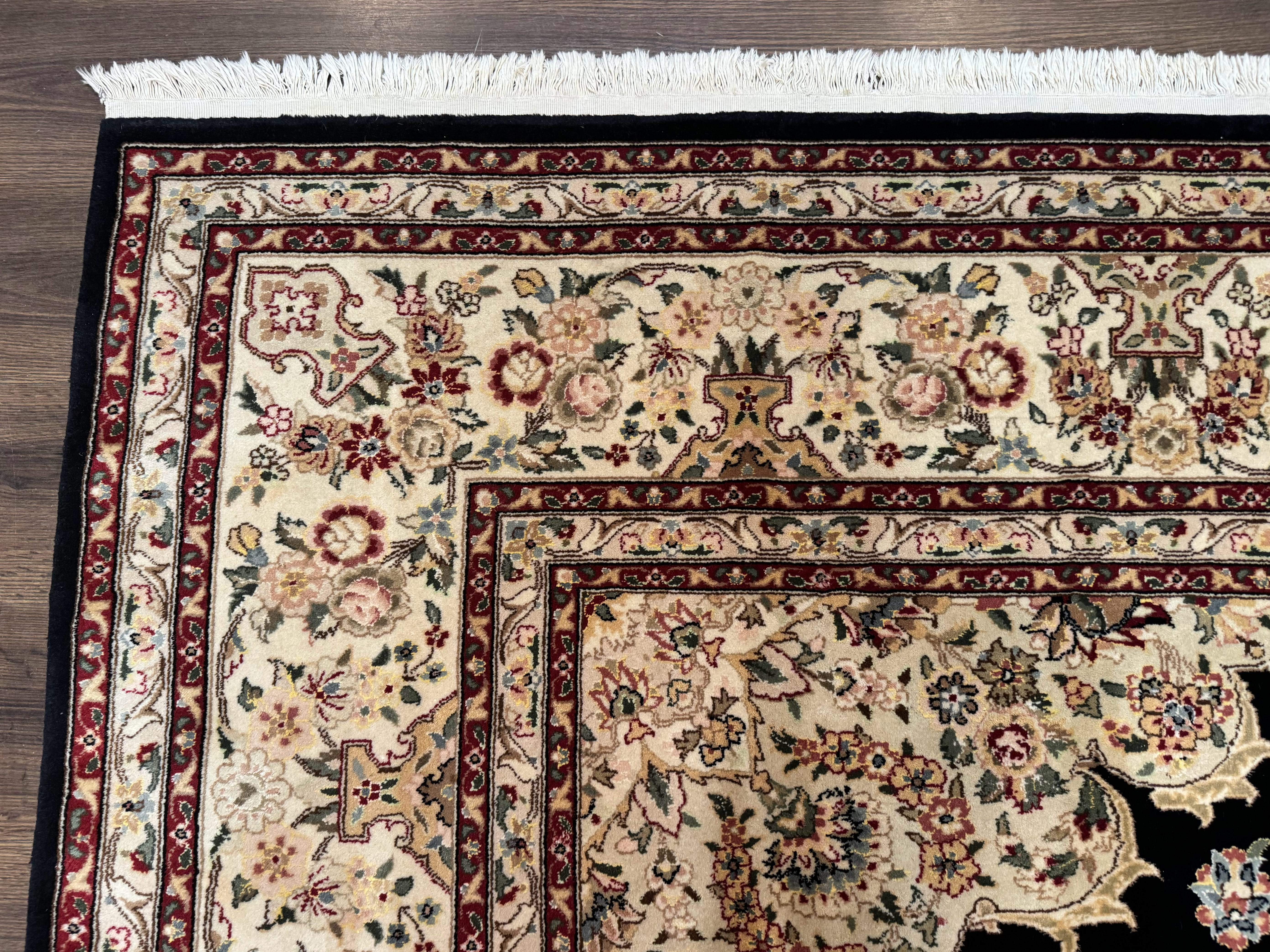 Sino Persian Rug 9x12, Black and Beige, Floral Medallion, Wool & Silk, Handmade - Jewel Rugs